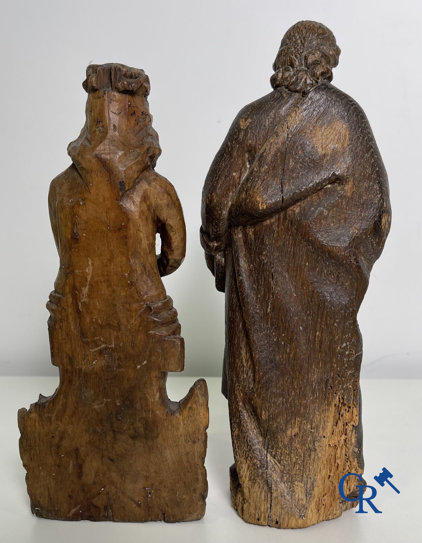 2 religious wood sculptures. Christ on the cold stone and a statue of an apostle. 18th century.
