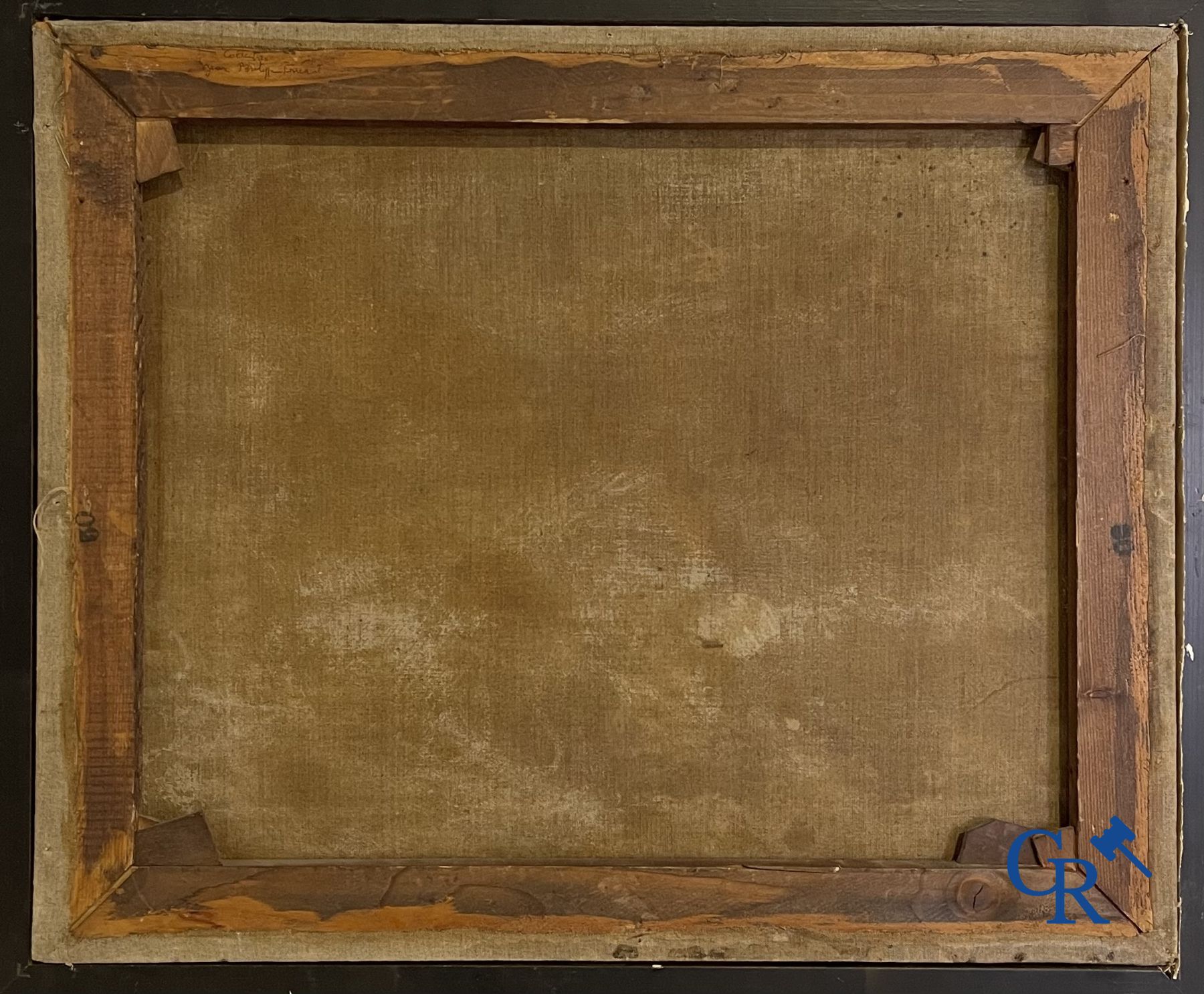 Schilderij: olie op doek 17de - 18 de eeuw. Muilezel met gezelschap.