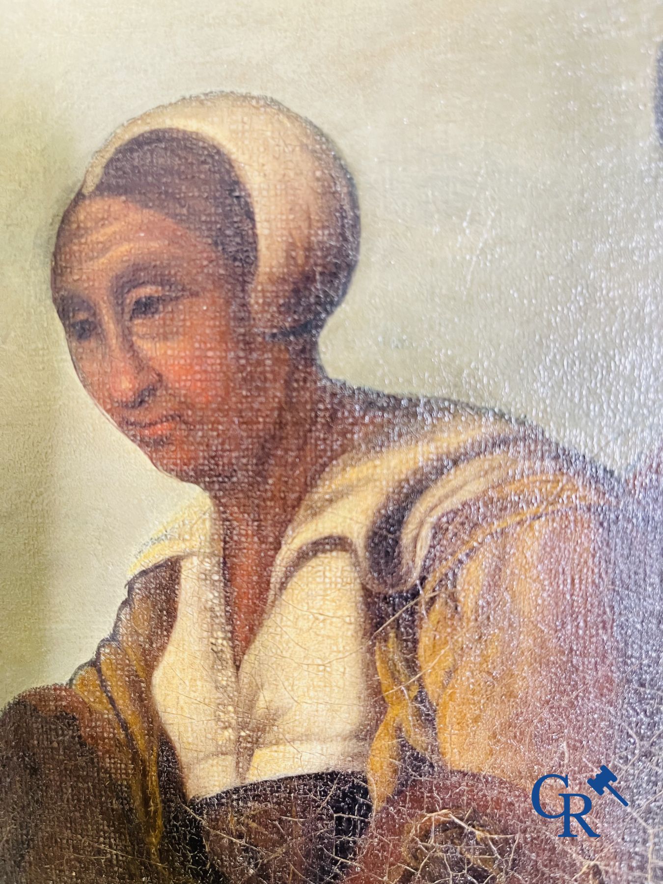 Schilderij: olie op doek 17de - 18 de eeuw. Muilezel met gezelschap.