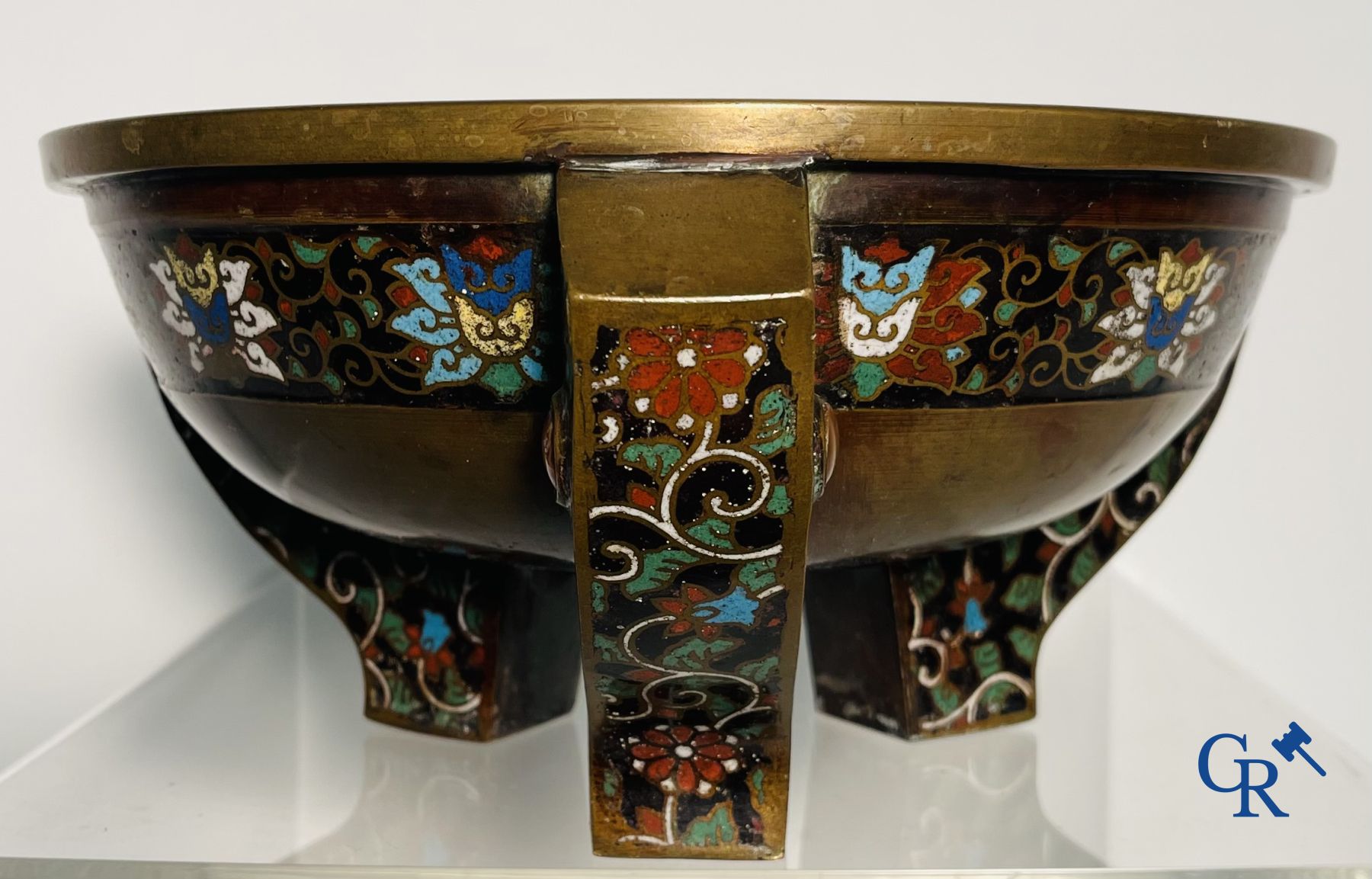 Asian Art: A three-legged bronze and cloisonne incense burner. Marked.
