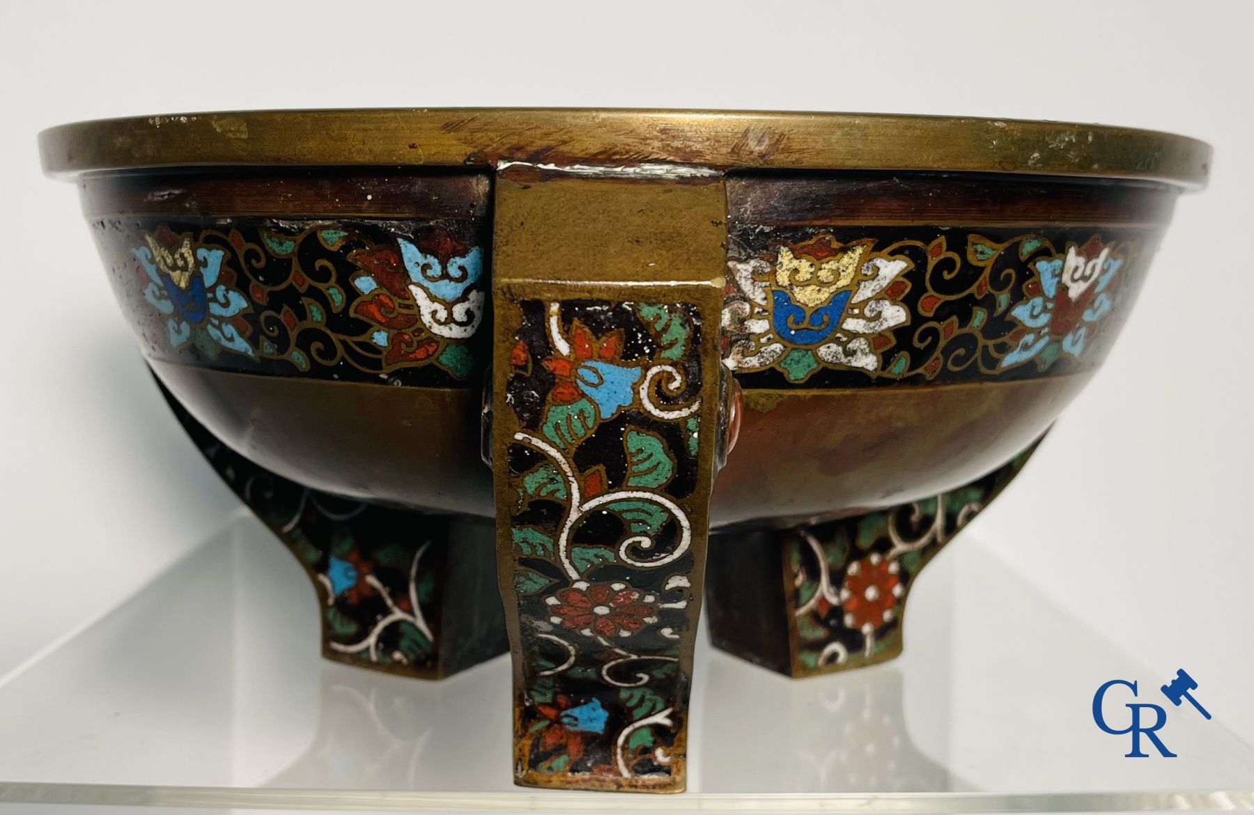 Asian Art: A three-legged bronze and cloisonne incense burner. Marked.