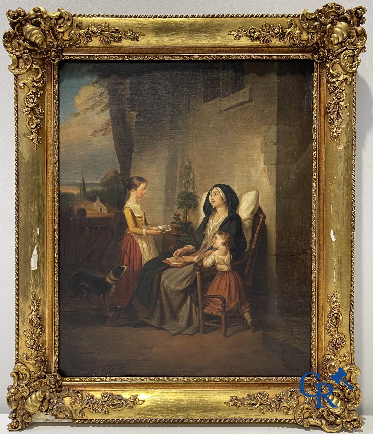 Dolard: Schilderij, olie op doek. Familiescene. 19de eeuw.
