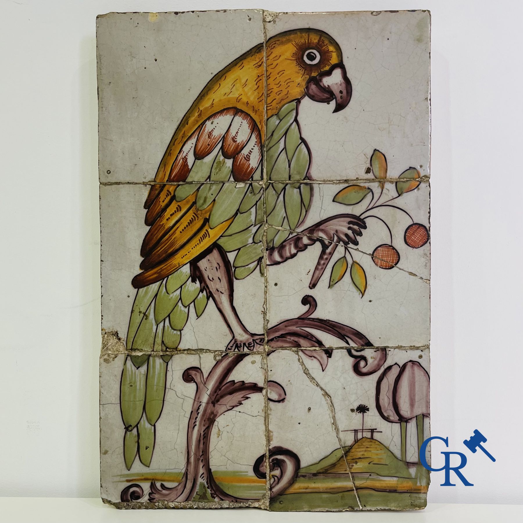 A polychrome tile panel with a parrot. Probably northern France. (Lille) 18th century.