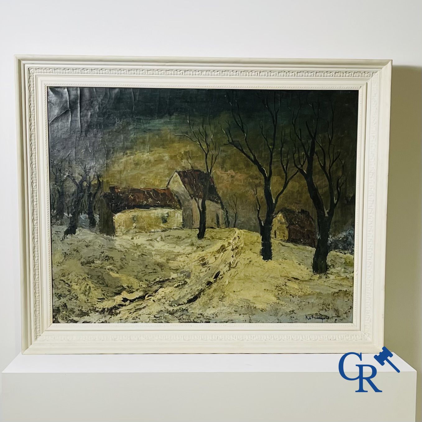 Schilderij: Robert Franquinet (1915 - 1979) olieverf op doek. Winterlandschap.