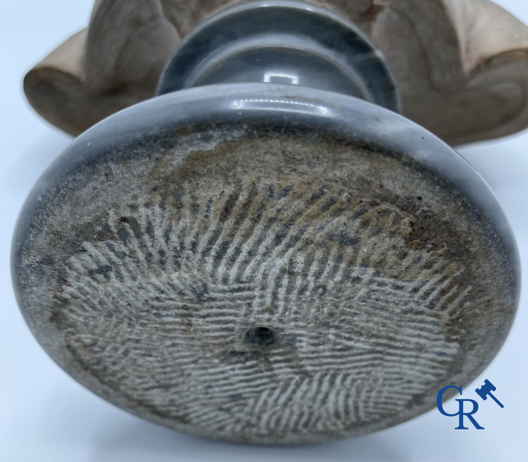 A bust in terre cuite on a blue gray marble pedestal. 19th century.