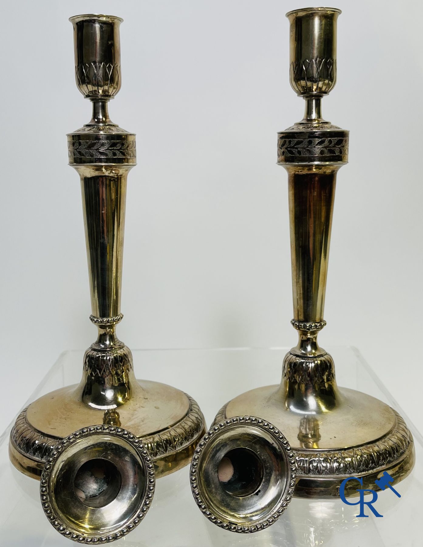 Silver: Pair of silver candlesticks probably Namur, Jean-Baptiste Fallon.