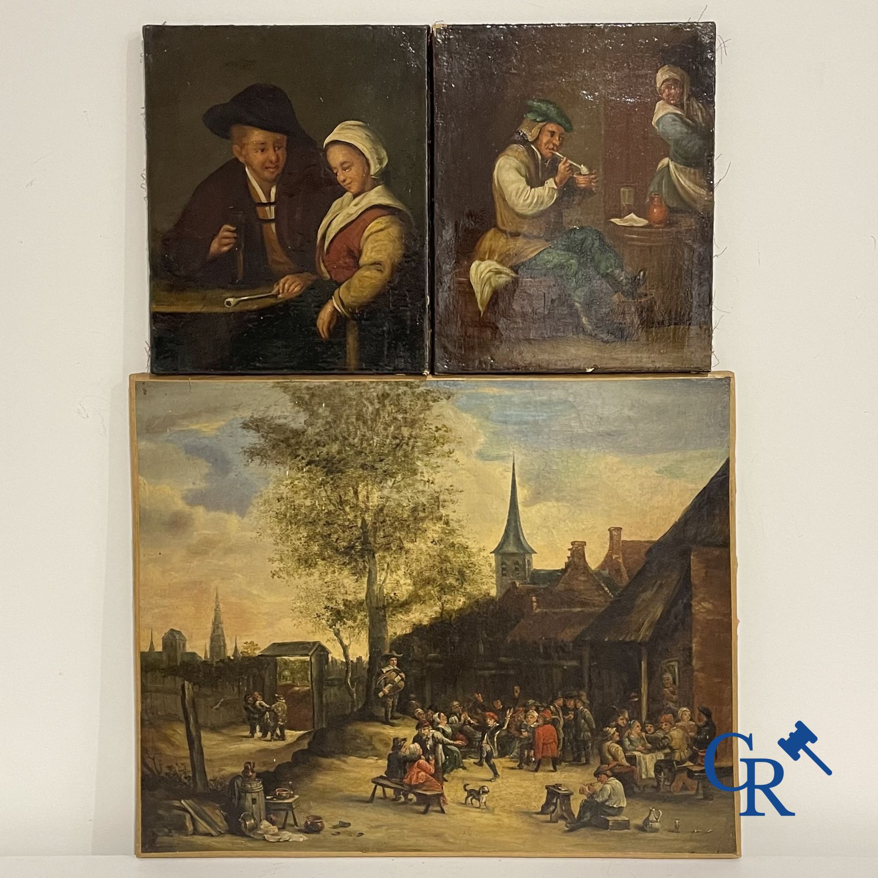 Schilderijen: 3 schilderijen naar Teniers. olie op doek.