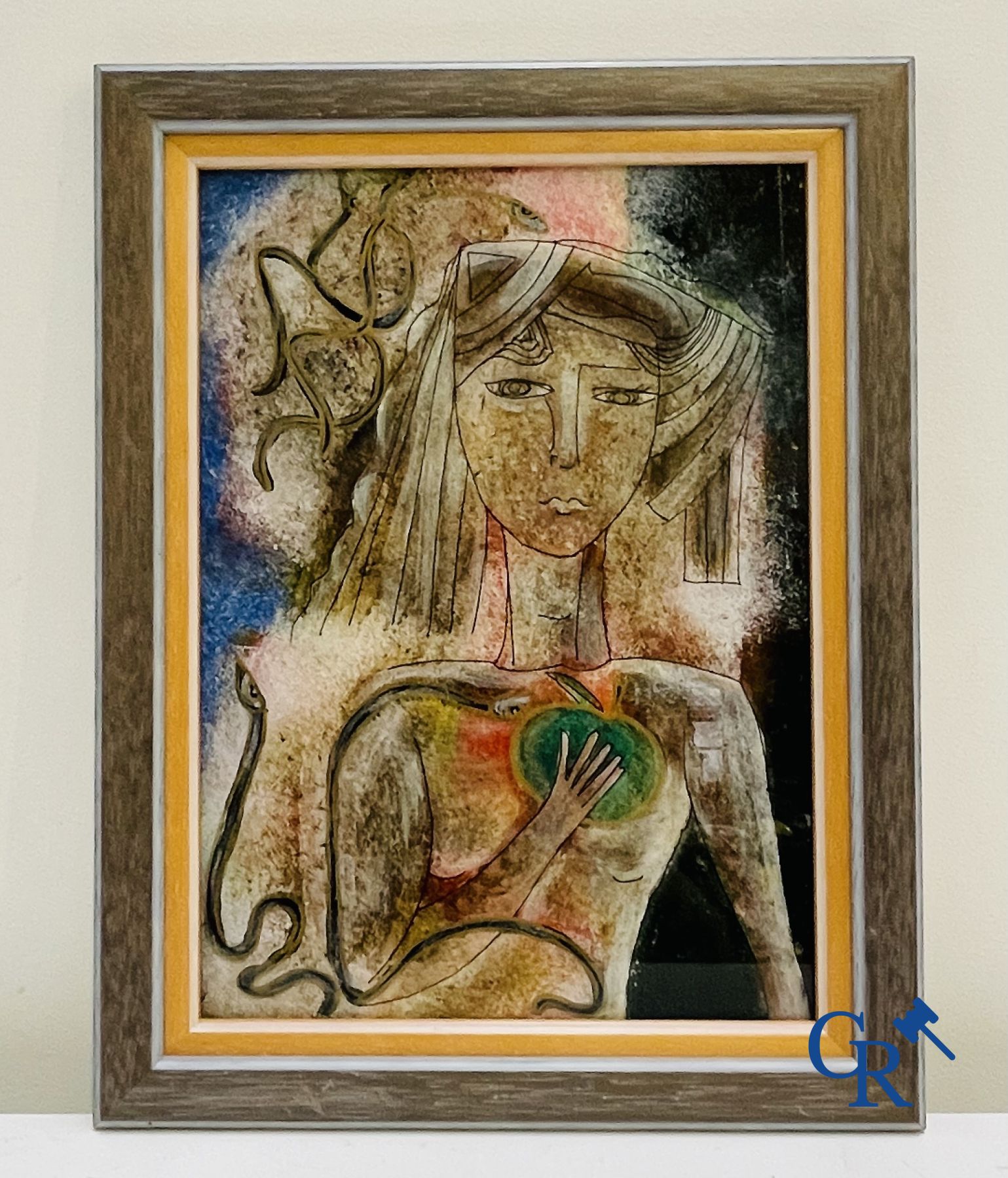 Een kavel van 2 églomisé schilderijen, een werk van Anto Diez en een onleesbaar gesigneerd werk.