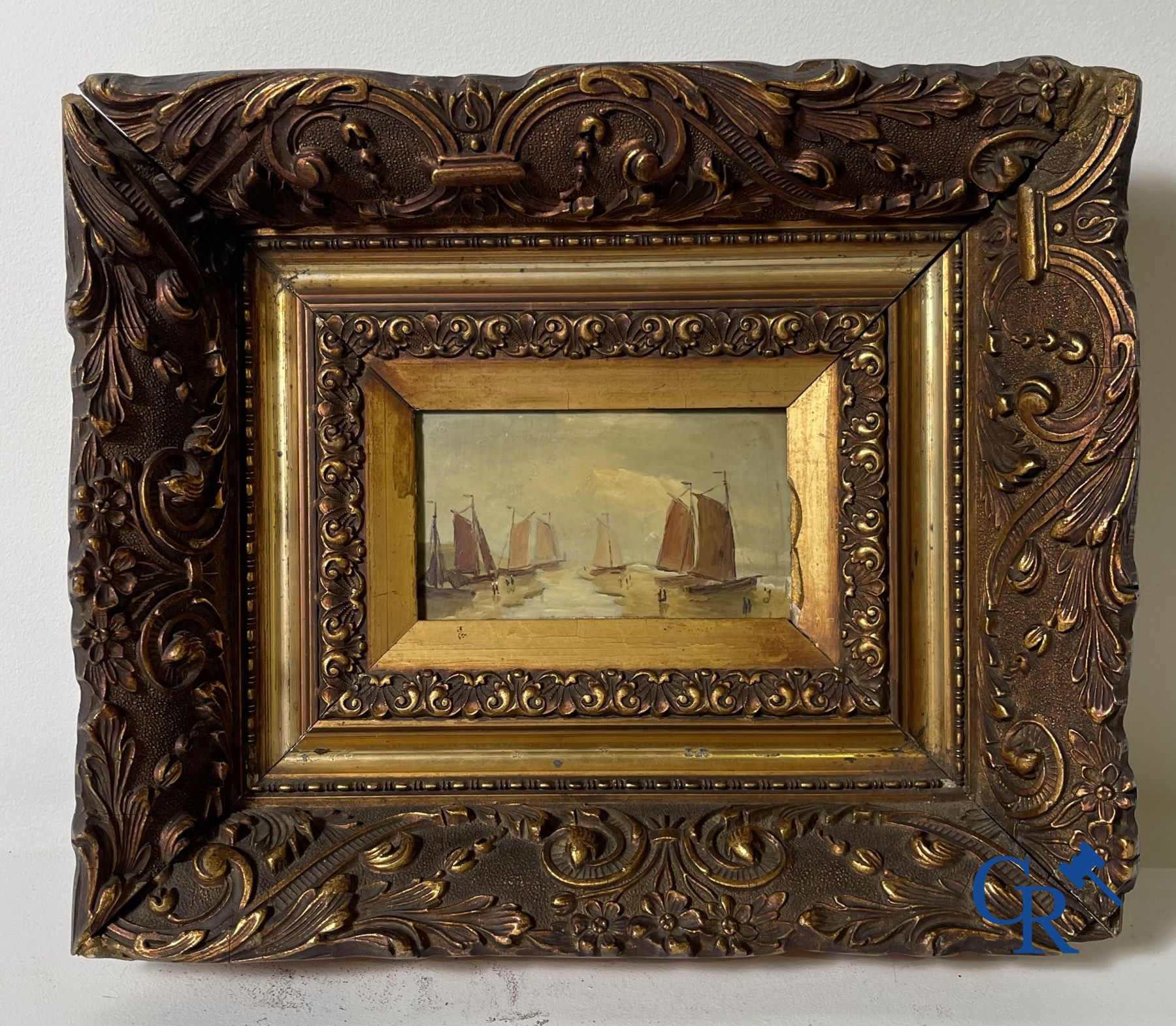 2 Schilderijen: Edouard Vanderhaeghen. Zeilboot in de polders en een zeezicht. Onleesbaar gesigneerd.