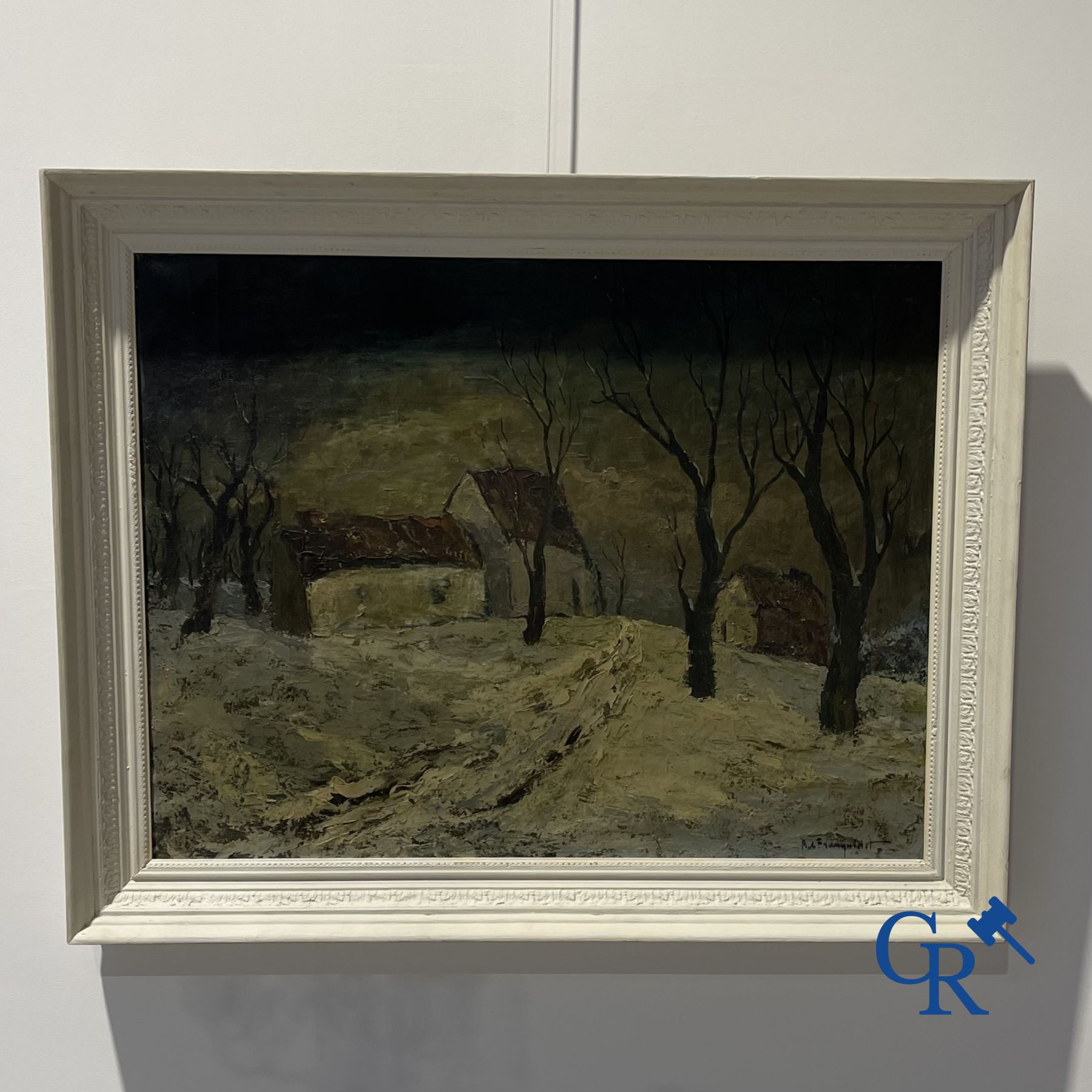 Schilderij: Robert Franquinet (1915 - 1979) olieverf op doek. Winterlandschap.