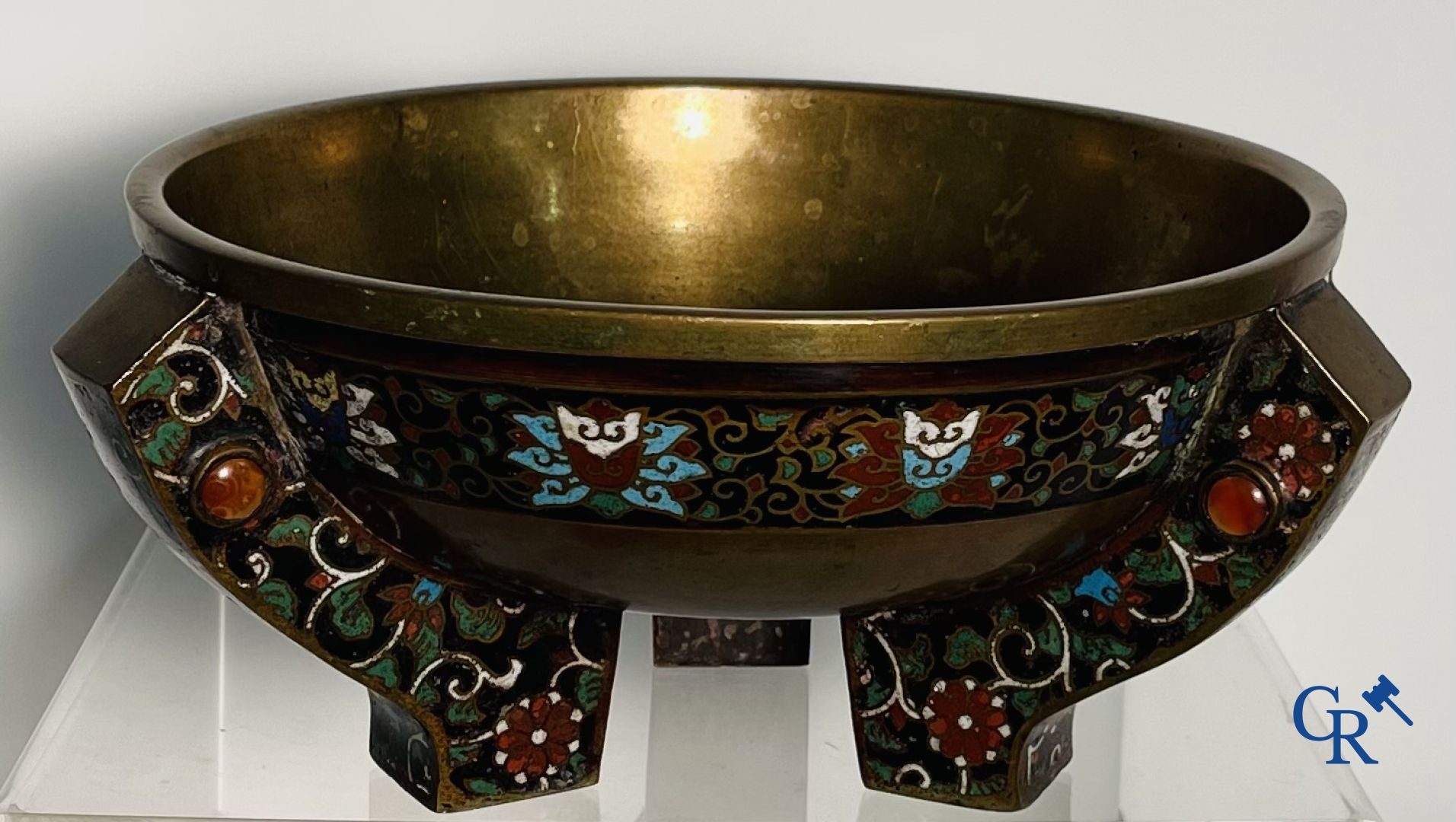 Asian Art: A three-legged bronze and cloisonne incense burner. Marked.