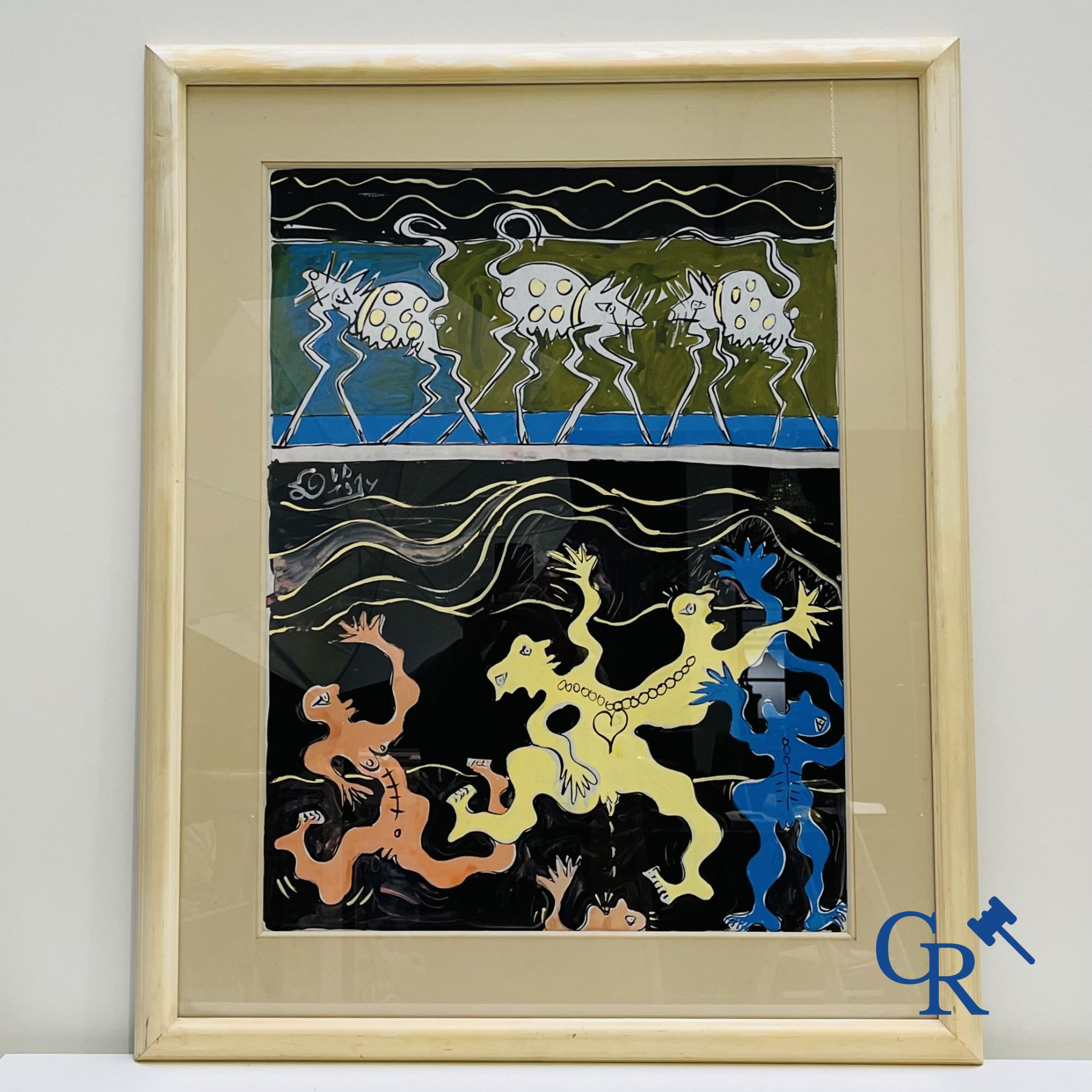 Dimitri Van Coillie: 2 moderne werken olie op papier en een onleesbaar gesigneerde druk op zijde.