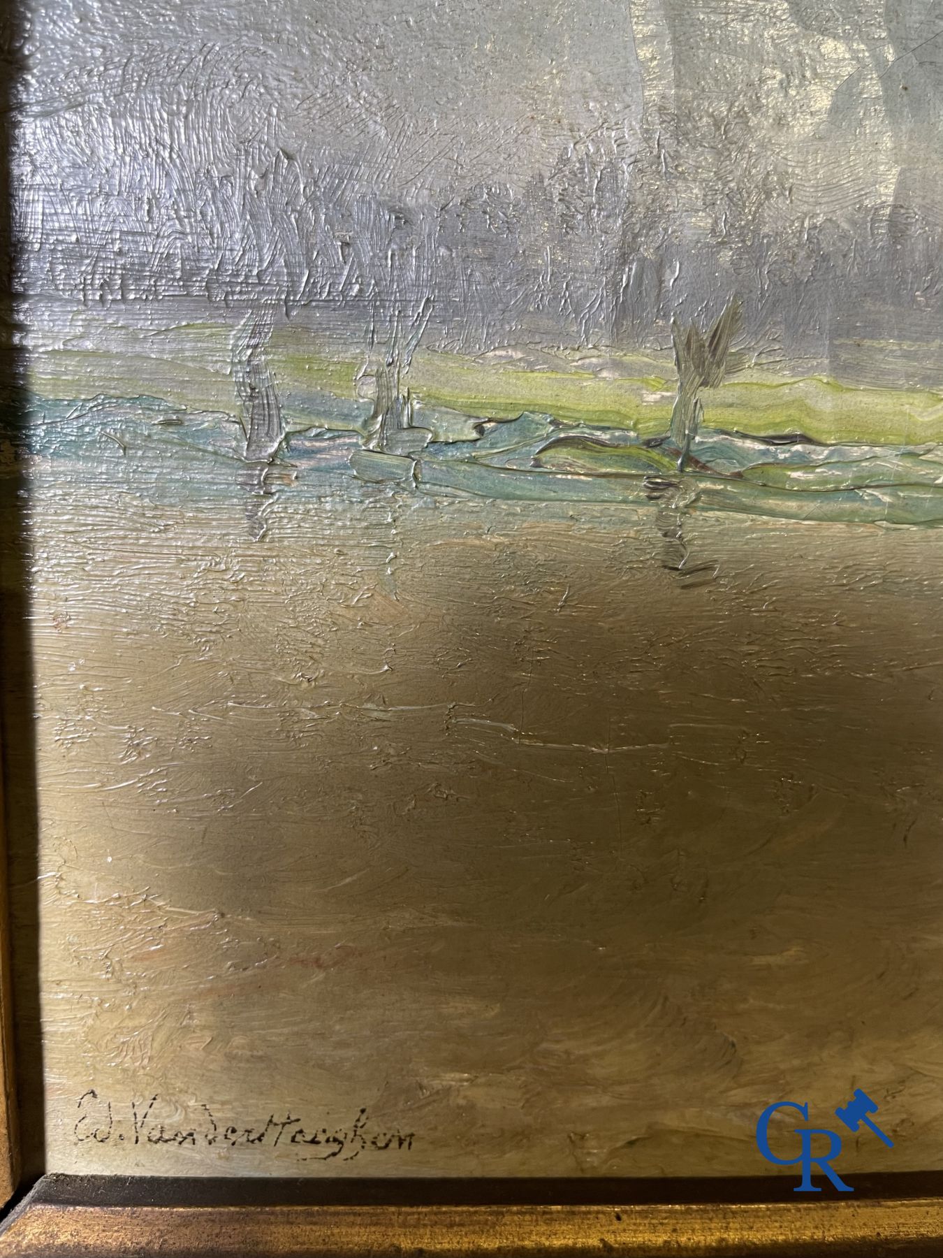 2 Schilderijen: Edouard Vanderhaeghen. Zeilboot in de polders en een zeezicht. Onleesbaar gesigneerd.