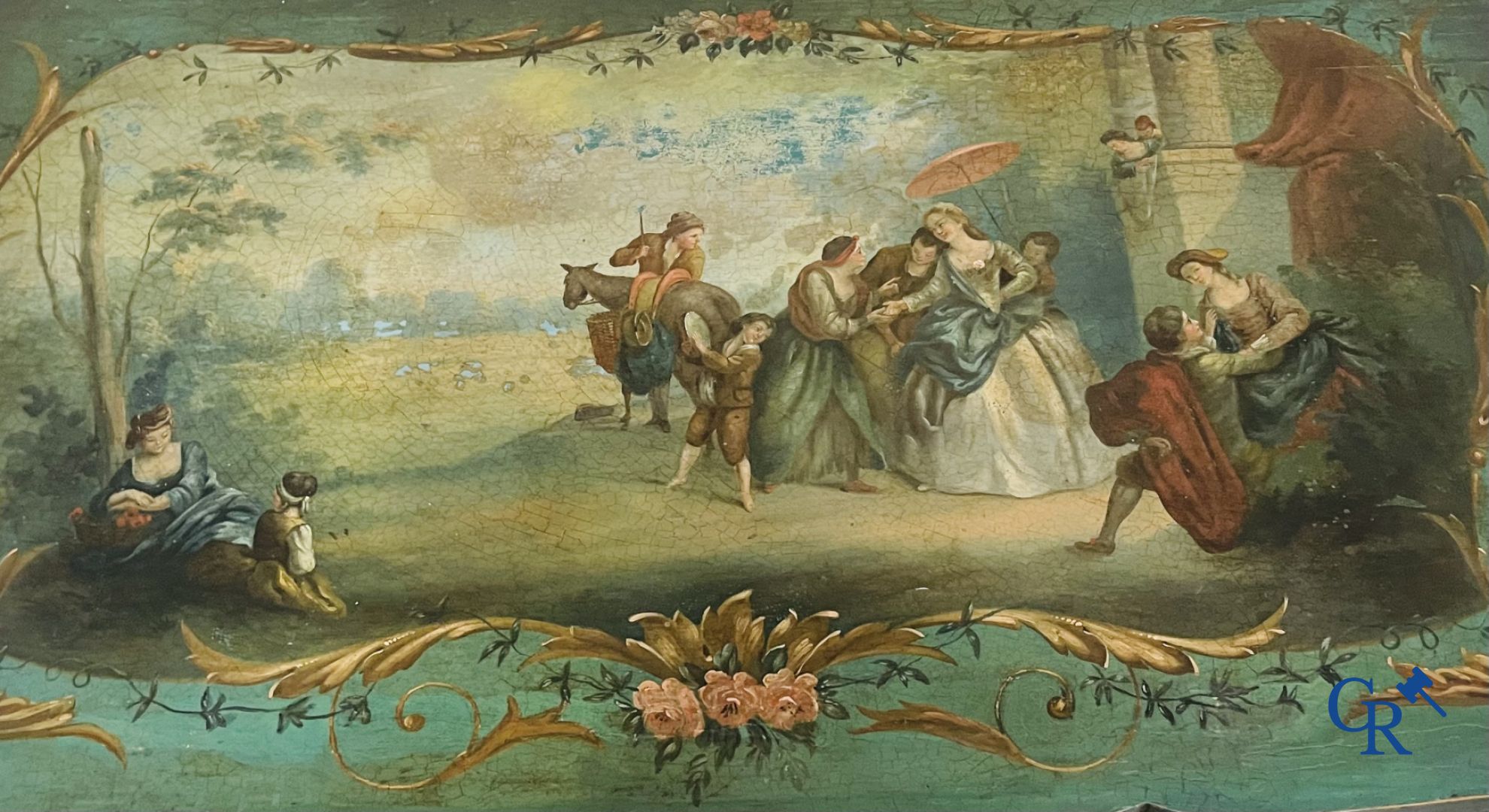 Dames toilettafel met galante beschilderingen, en een gelakte armzetel overgangsperiode Louis XV - Louis XVI.