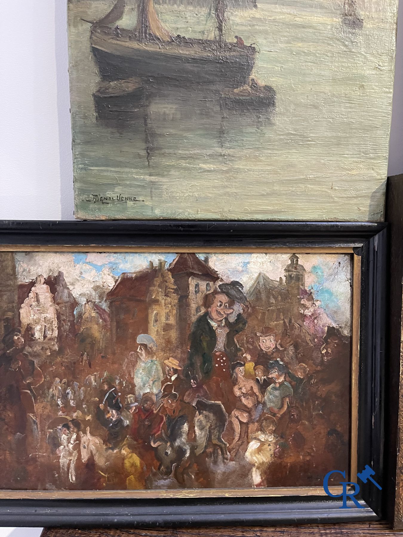 Groot lot diverse schilderijen, pentekeningen, aquarellen, houtskooltekeningen en andere.