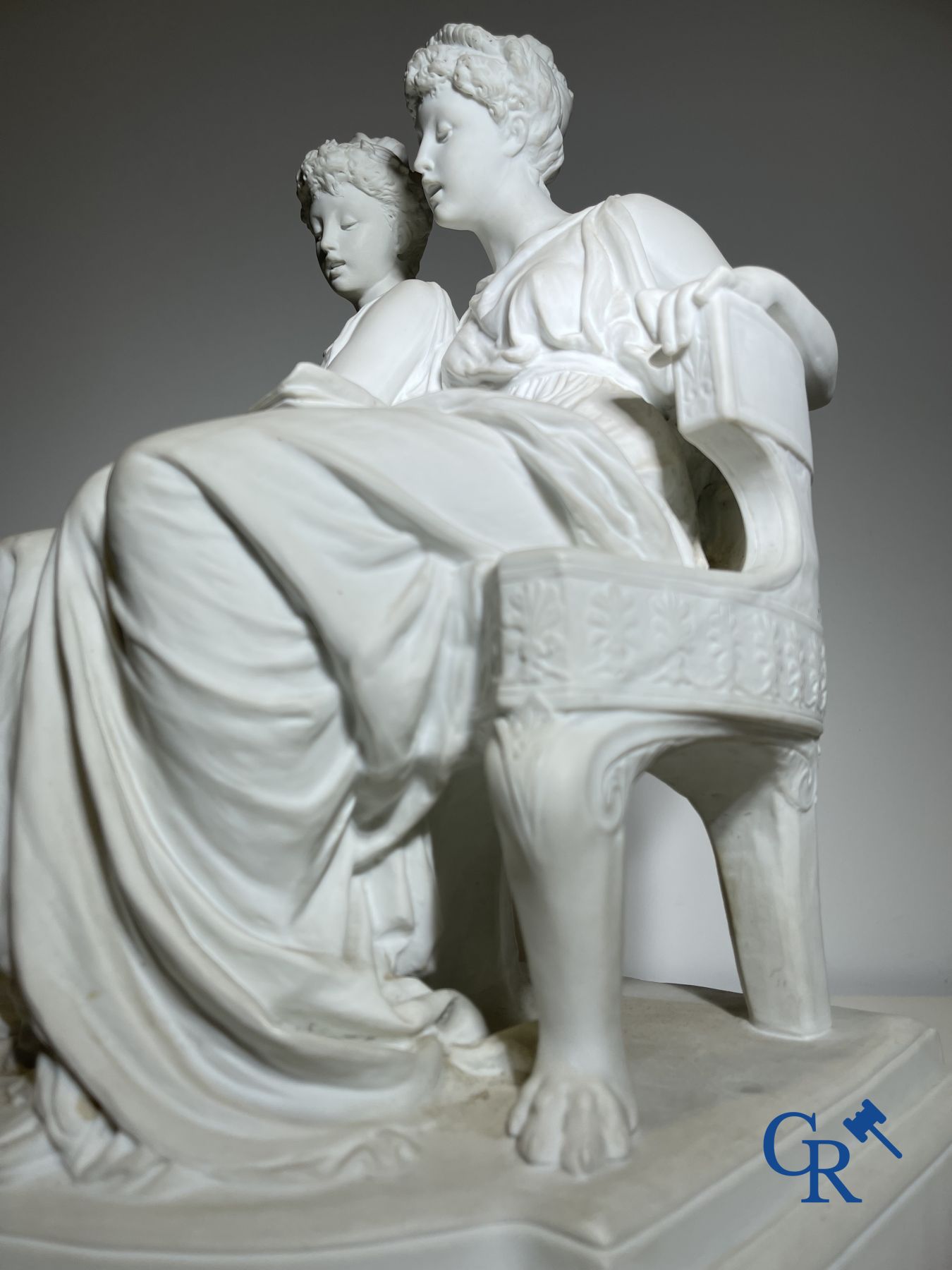 Edouard Lantéri  (1848-1917)  "Duo" Imposing statue in white biscuit in Neoclassical style on a matching pedestal.