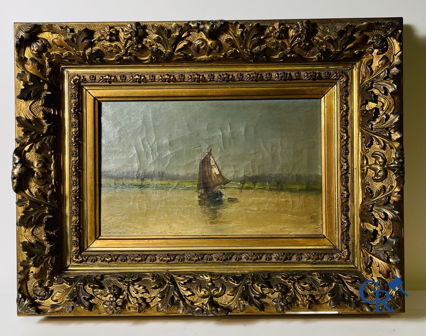 2 Schilderijen: Edouard Vanderhaeghen. Zeilboot in de polders en een zeezicht. Onleesbaar gesigneerd.