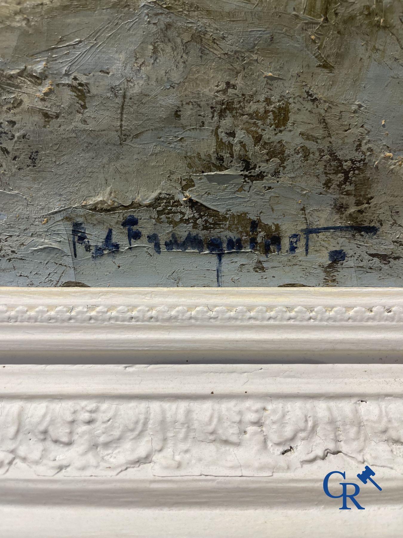 Schilderij: Robert Franquinet (1915 - 1979) olieverf op doek. Winterlandschap.