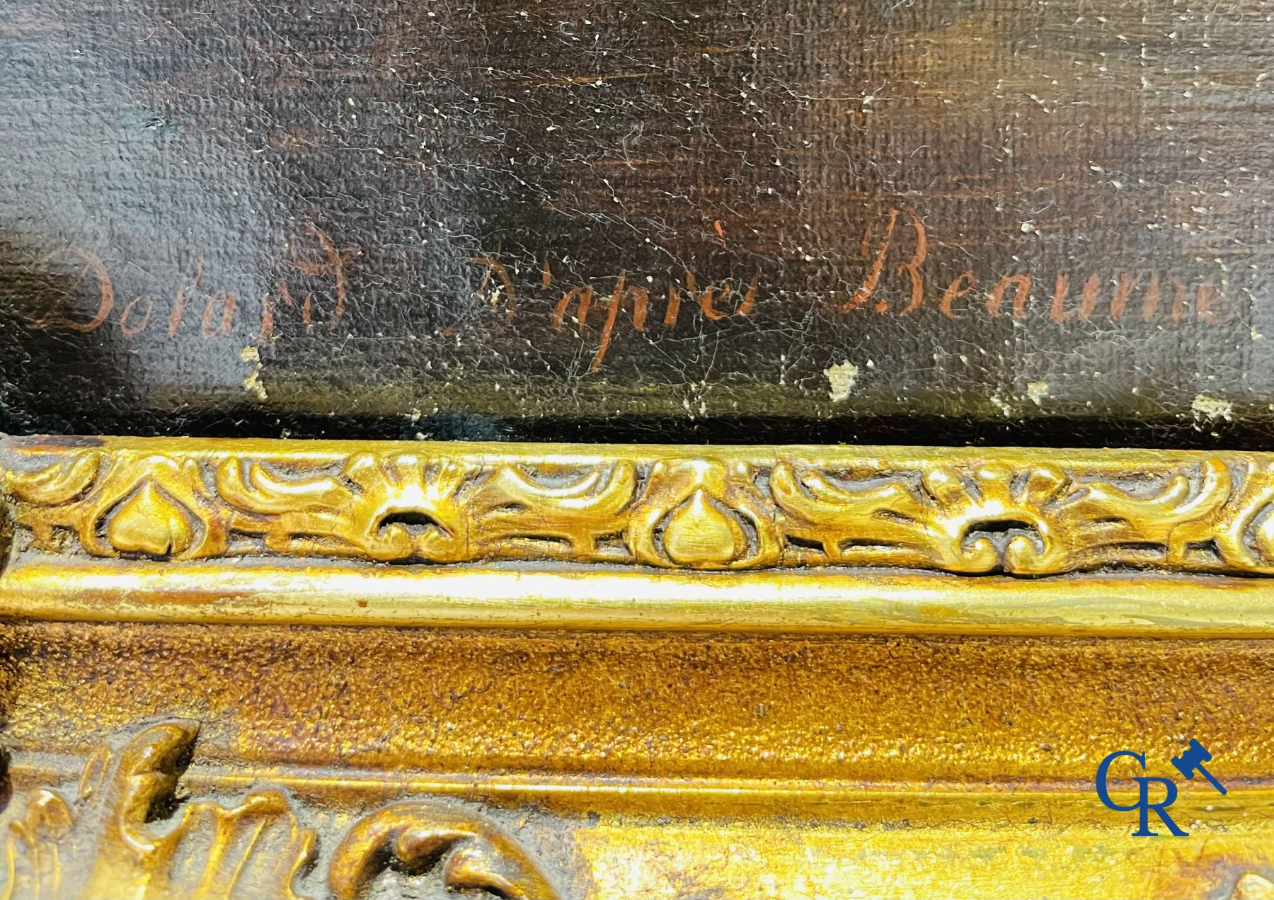 Dolard: Schilderij, olie op doek. Familiescene. 19de eeuw.