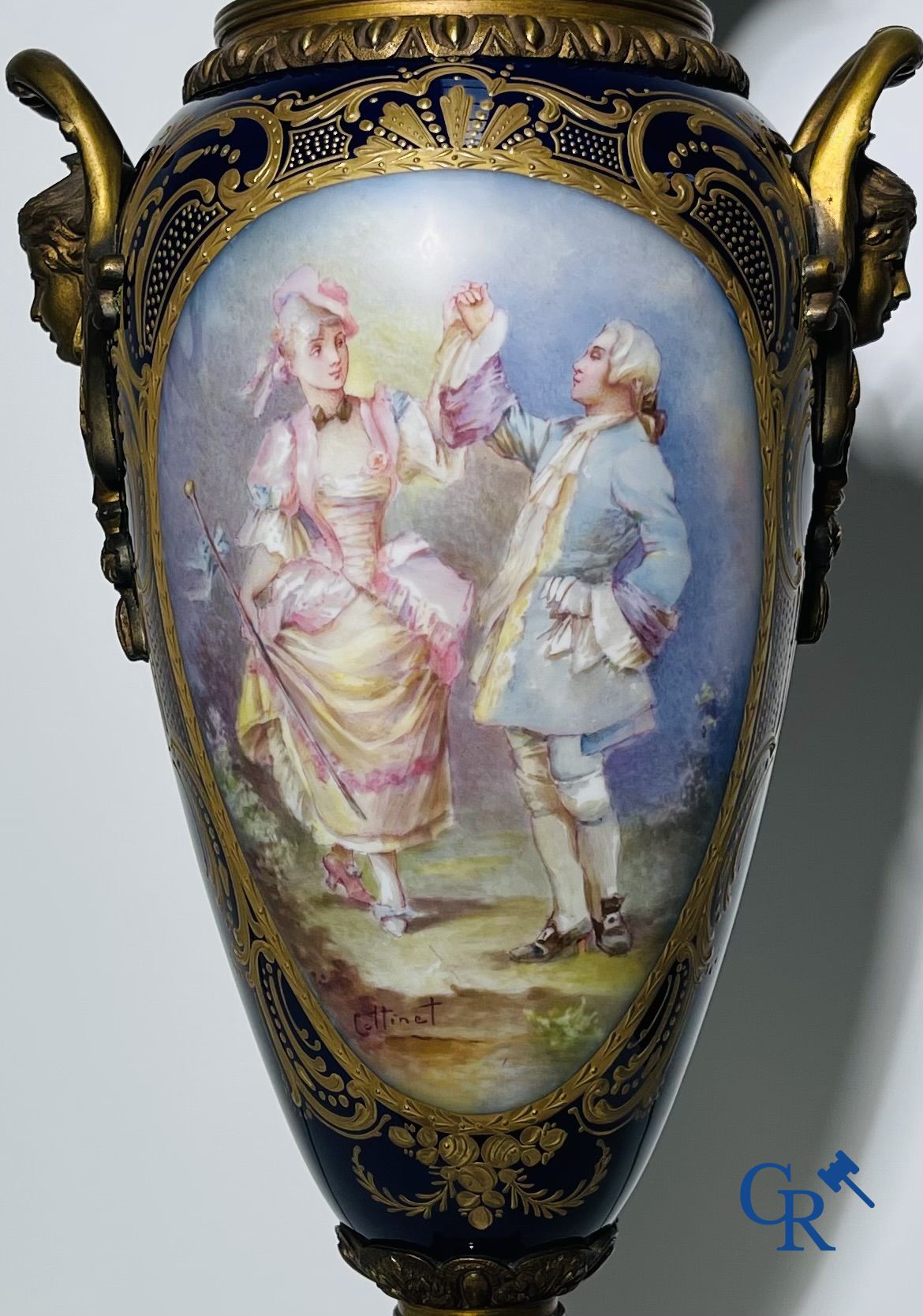 Porcelain: Sèvres: Pair of large bronze mounted vases in Sevres porcelain.