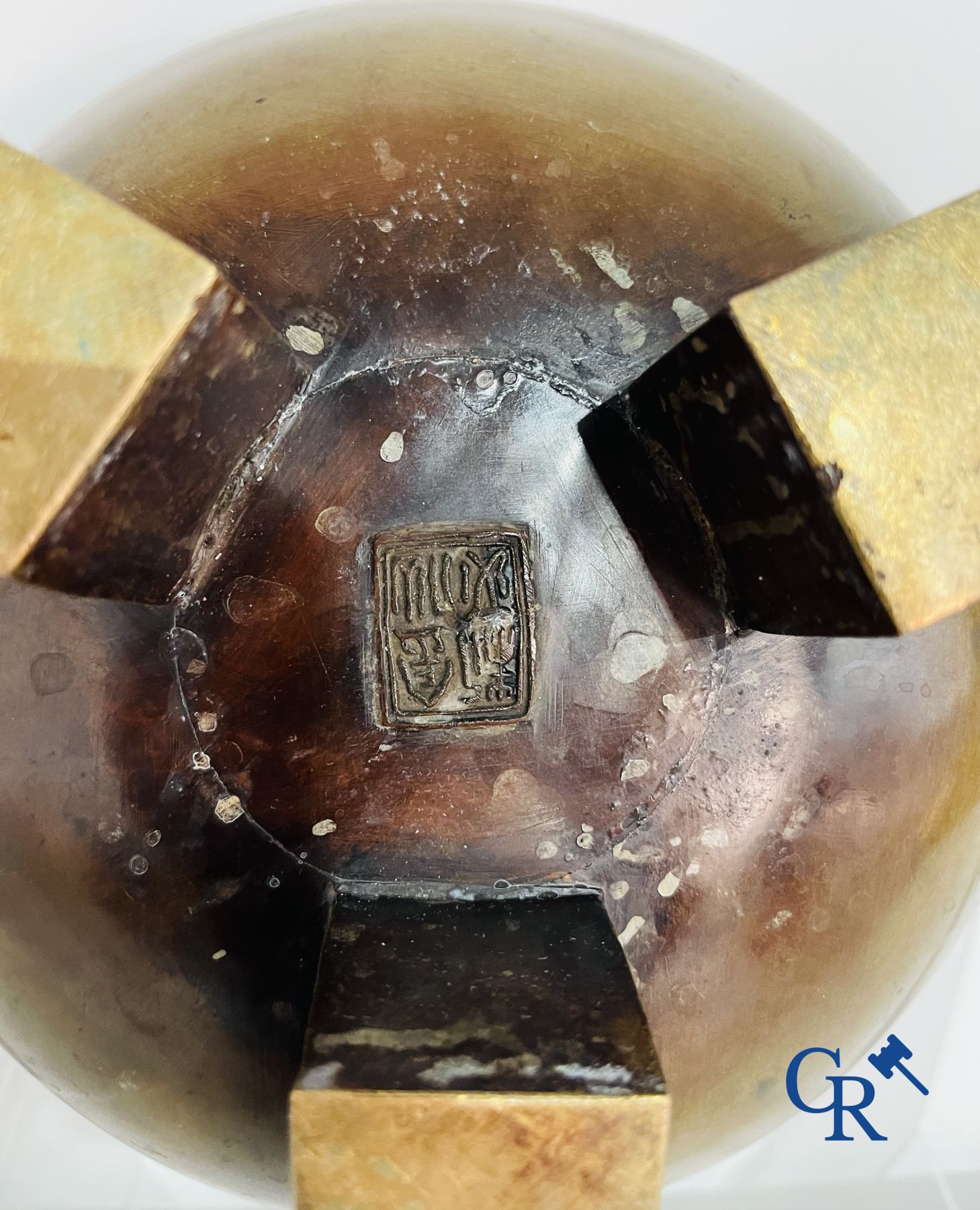 Asian Art: A three-legged bronze and cloisonne incense burner. Marked.