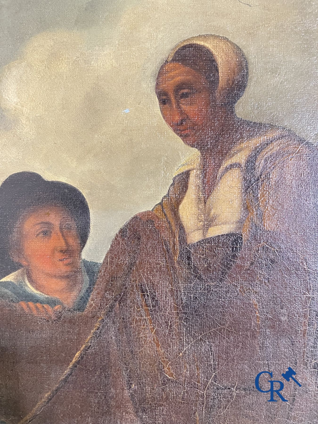Schilderij: olie op doek 17de - 18 de eeuw. Muilezel met gezelschap.