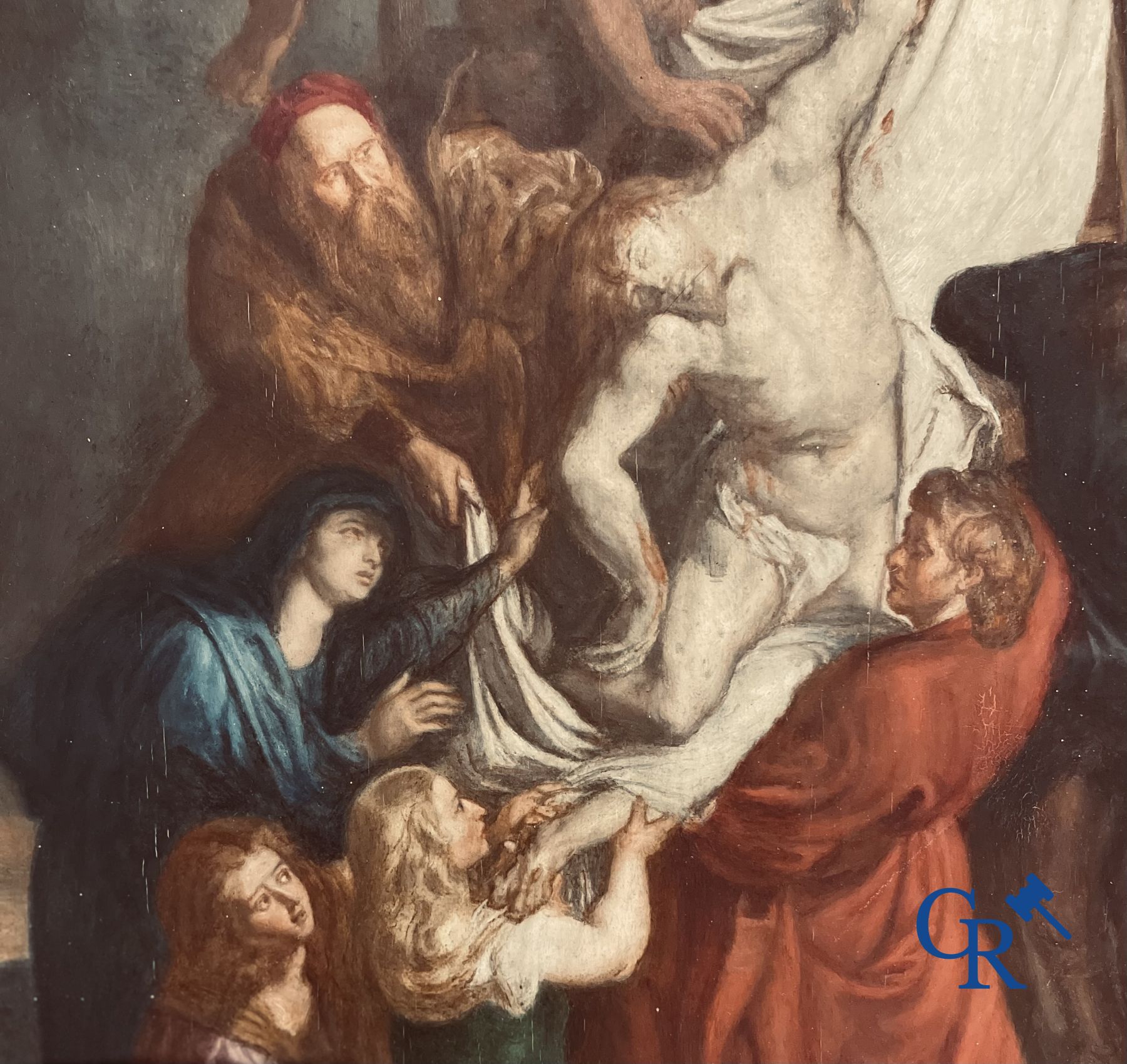 Triptiek: Naar Pieter Paul Rubens, 19de eeuwse schets van de 3 binnenpanelen van de Kruisafneming.