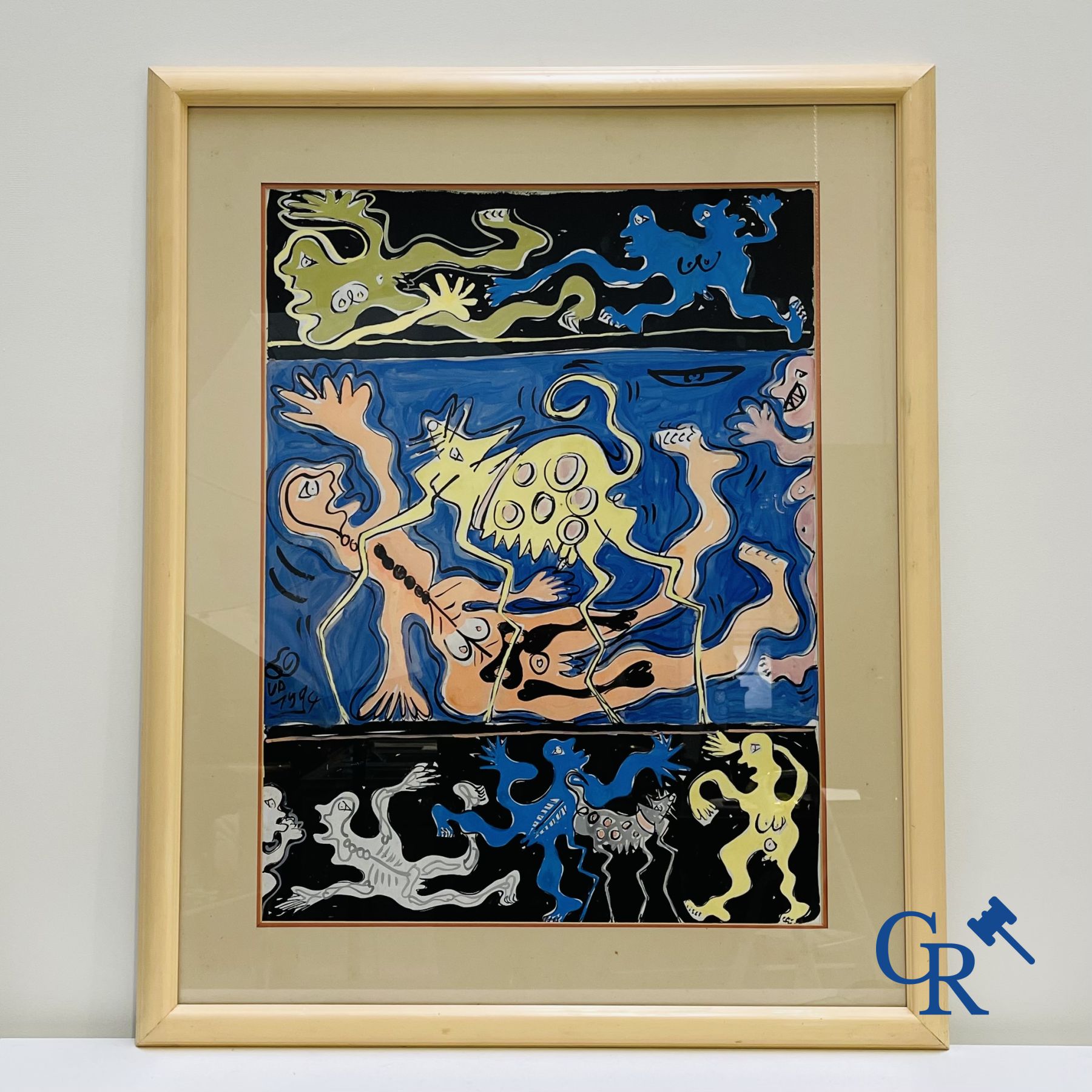 Dimitri Van Coillie: 2 moderne werken olie op papier en een onleesbaar gesigneerde druk op zijde.