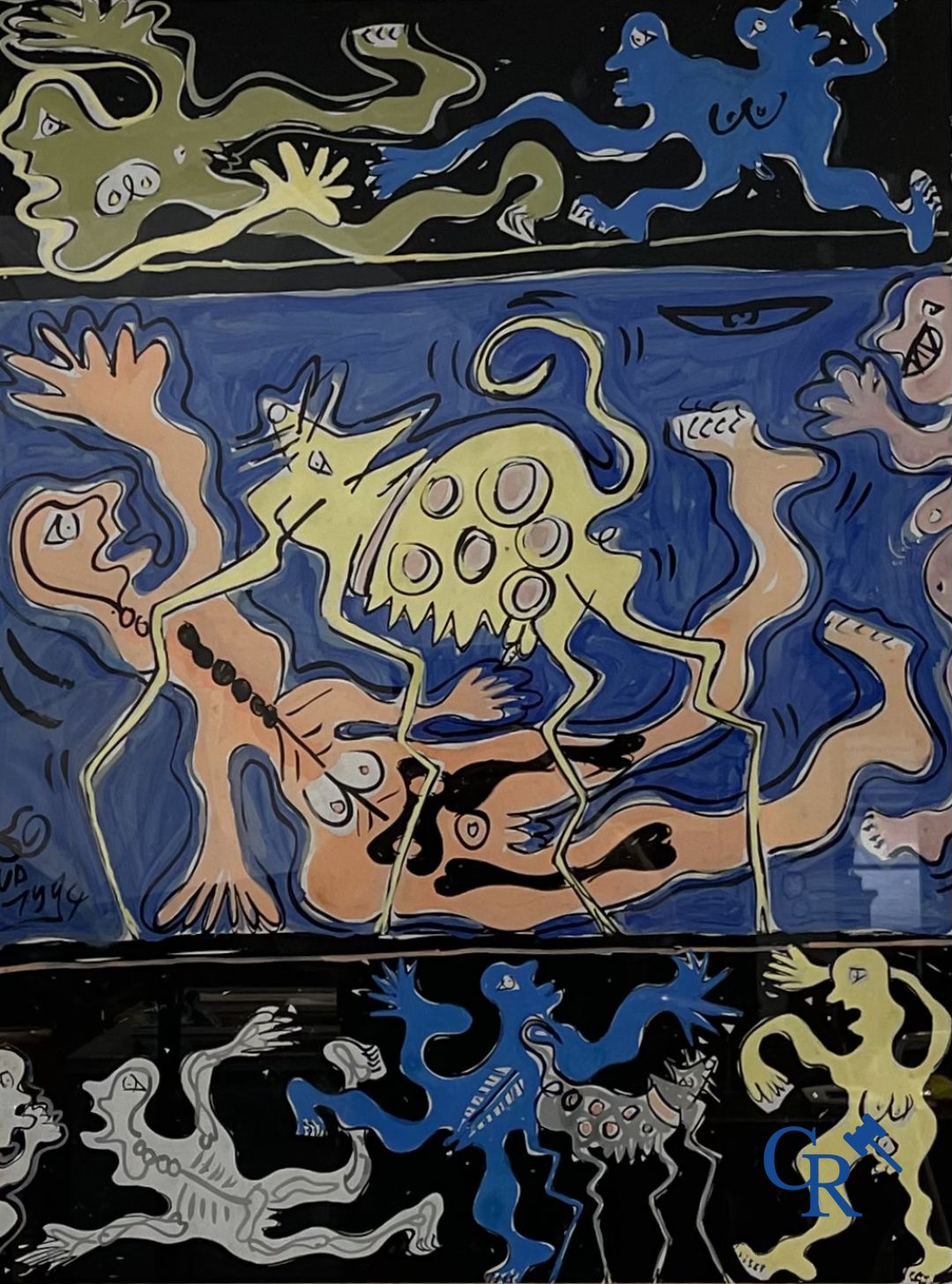 Dimitri Van Coillie: 2 moderne werken olie op papier en een onleesbaar gesigneerde druk op zijde.