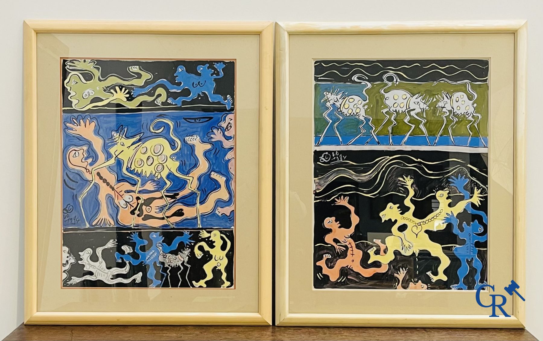 Dimitri Van Coillie: 2 moderne werken olie op papier en een onleesbaar gesigneerde druk op zijde.