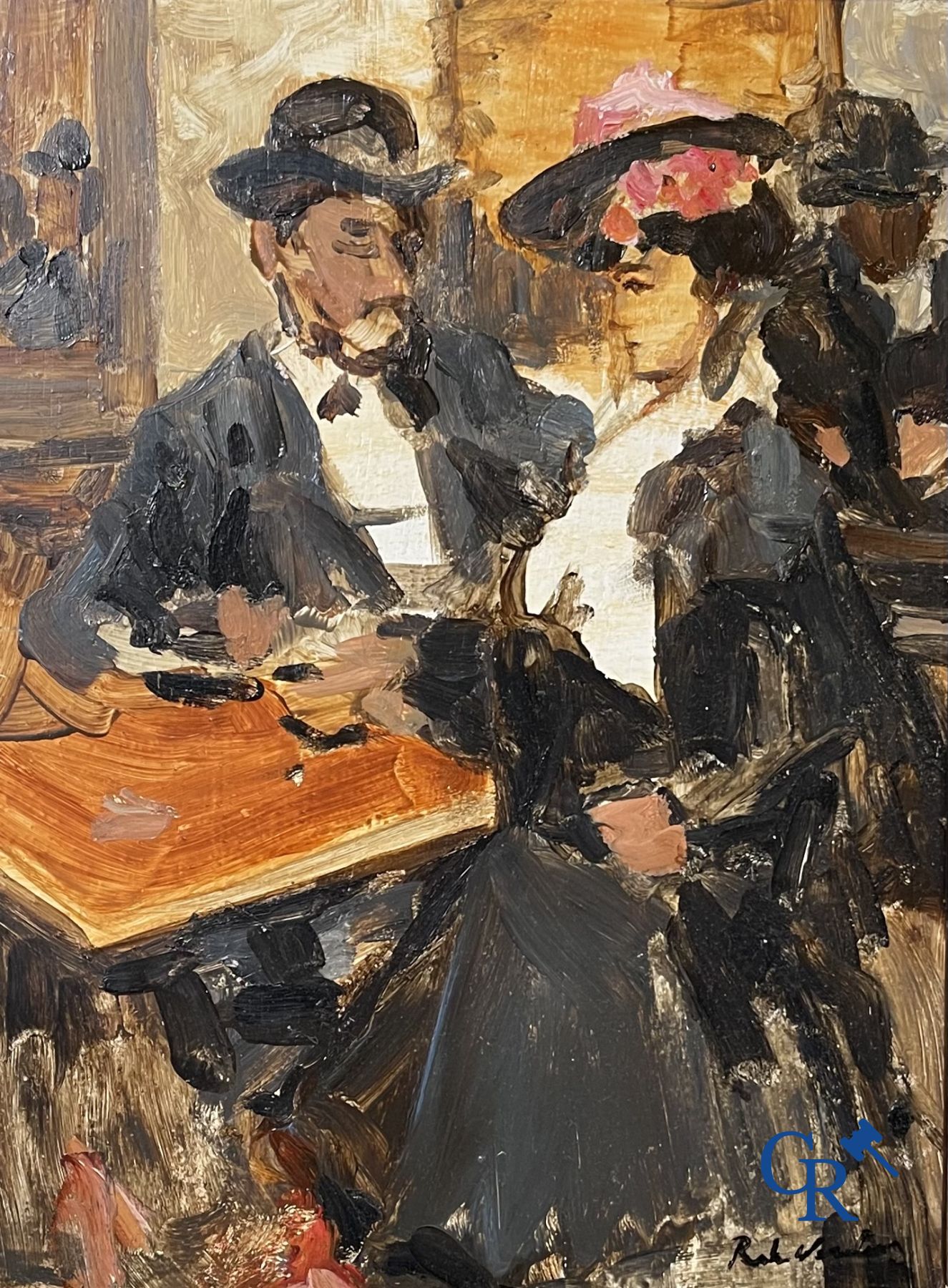 In het café. Onleesbaar gesigneerd, in de stijl van Isaac Israëls.