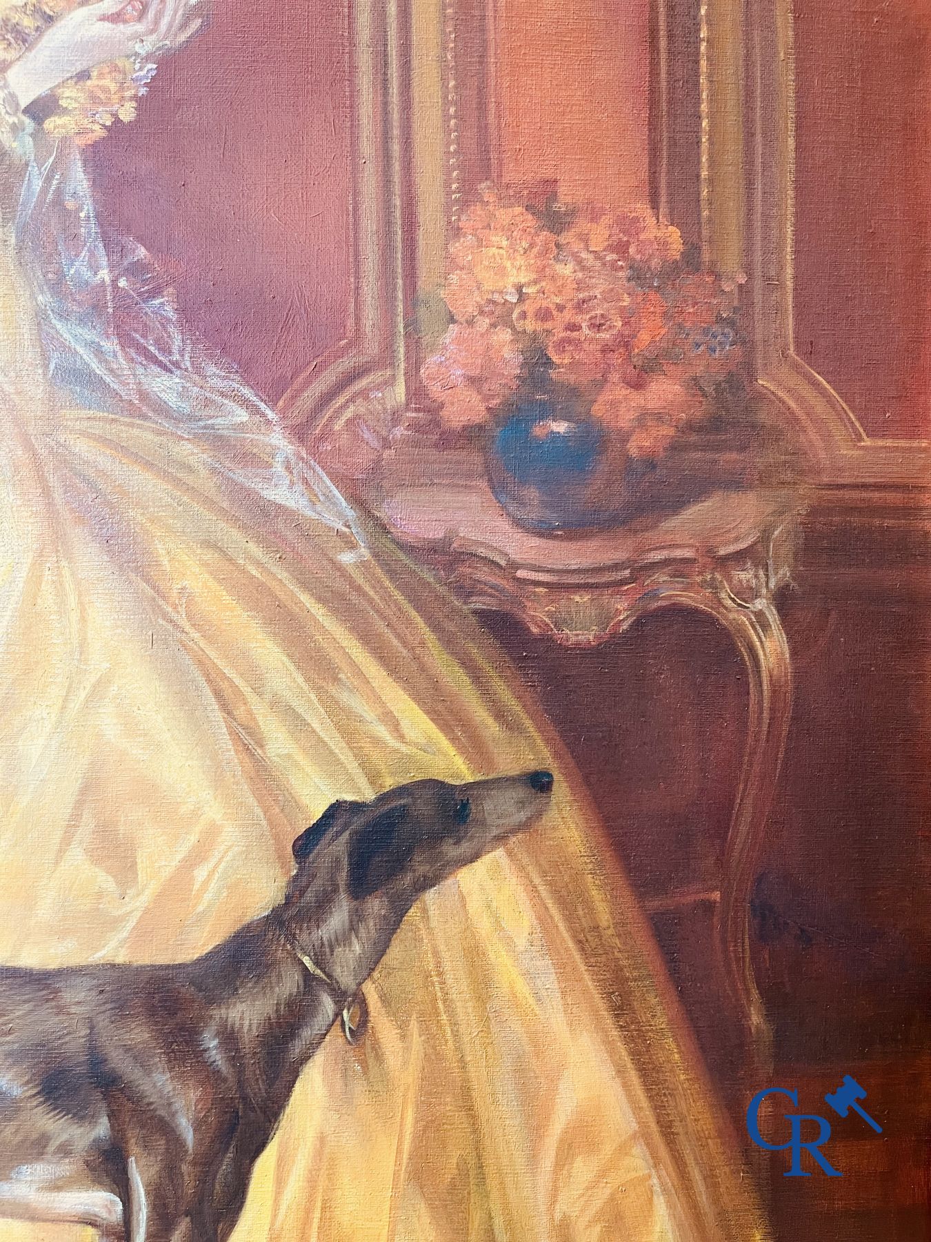 Karel Van Belle: Elegante dame met windhond. Olie op doek.