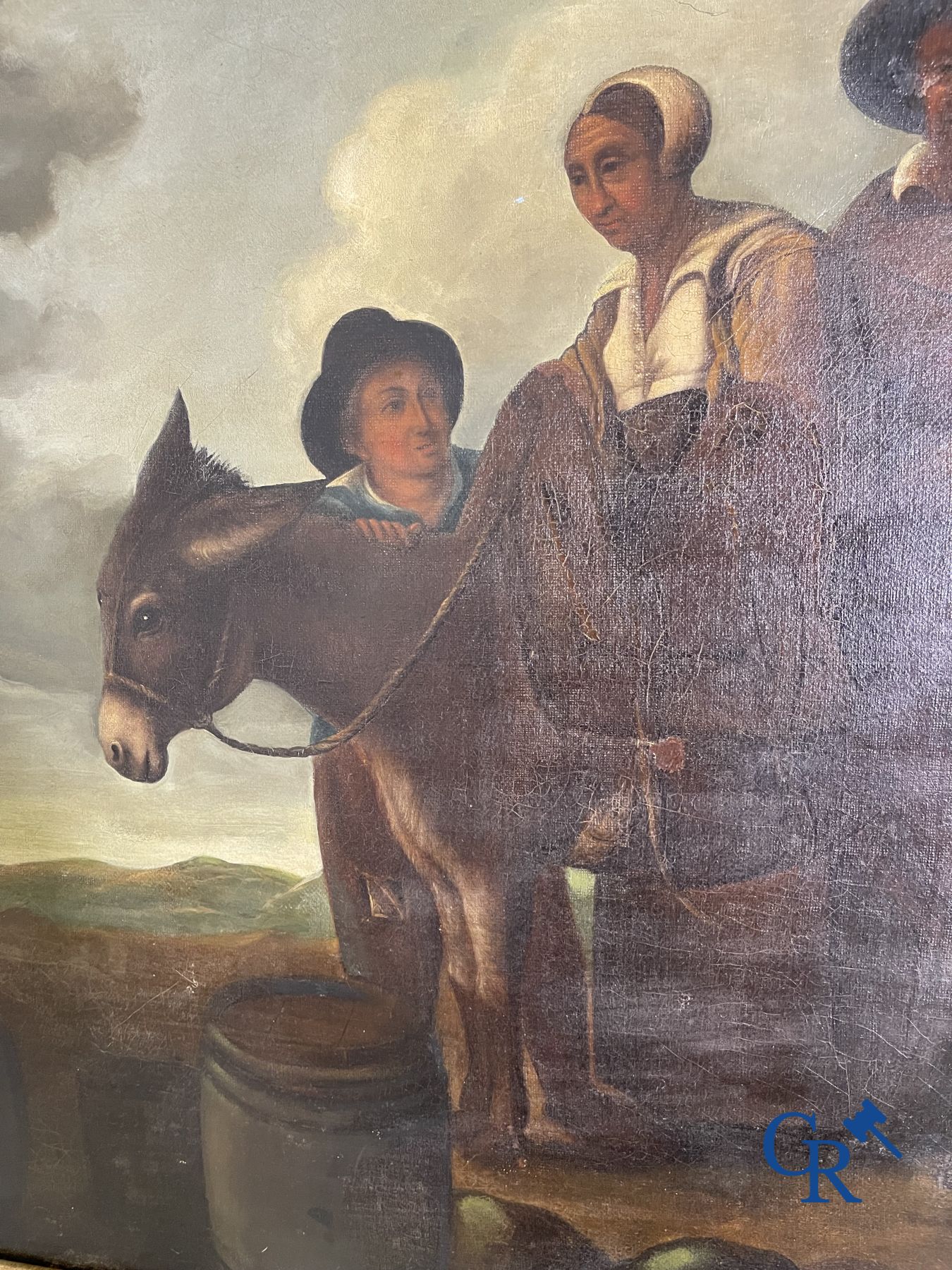 Schilderij: olie op doek 17de - 18 de eeuw. Muilezel met gezelschap.