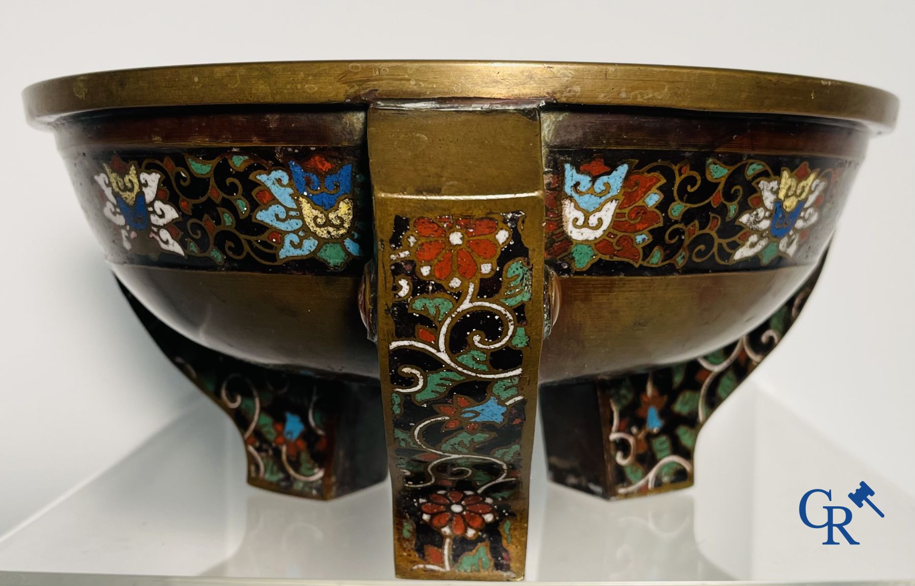 Asian Art: A three-legged bronze and cloisonne incense burner. Marked.