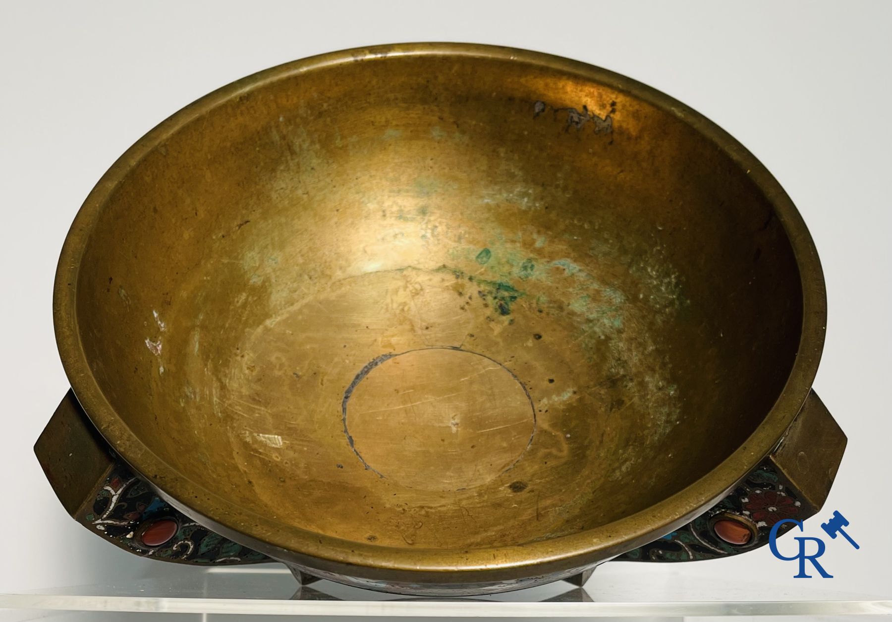 Asian Art: A three-legged bronze and cloisonne incense burner. Marked.