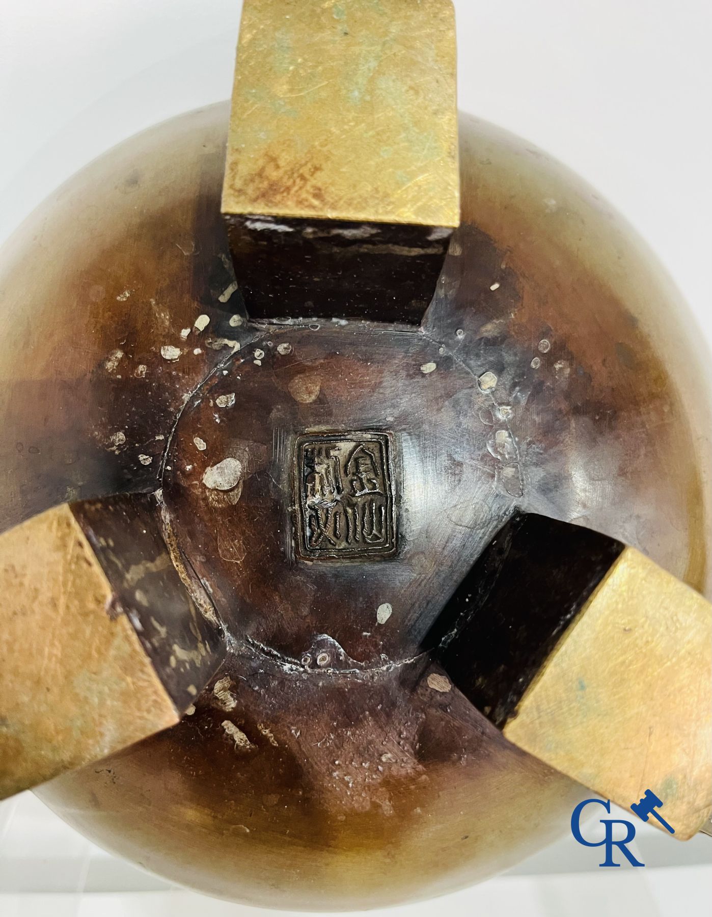 Asian Art: A three-legged bronze and cloisonne incense burner. Marked.