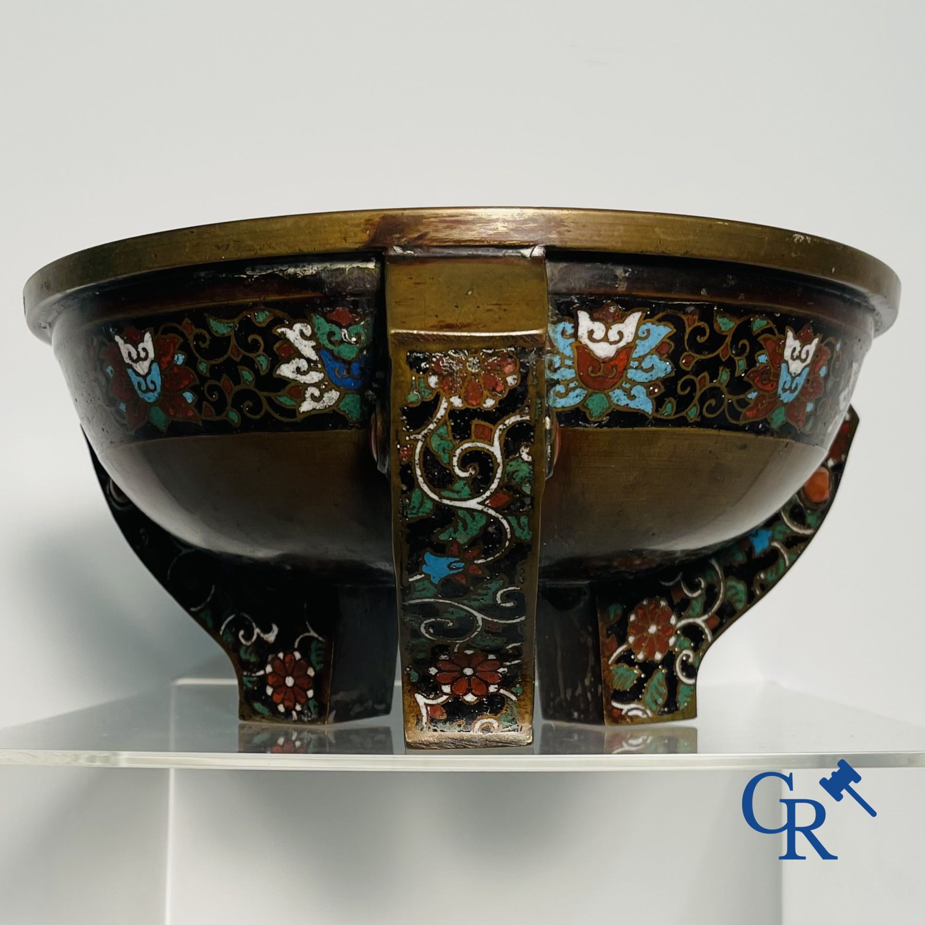 Asian Art: A three-legged bronze and cloisonne incense burner. Marked.