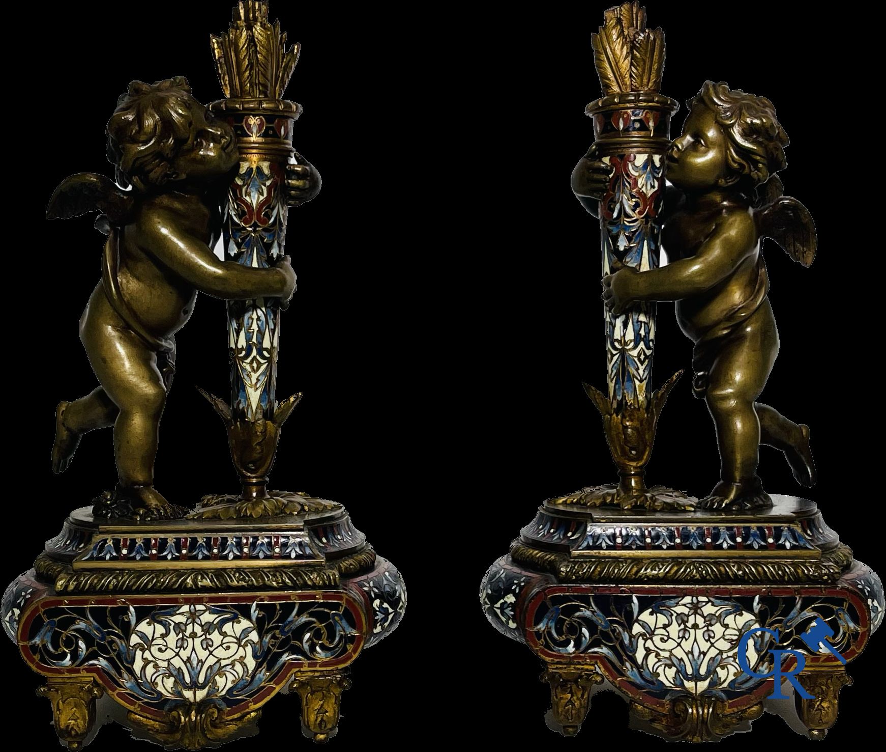 Bronze/Sculpture: Pair of ornamental objects in bronze and champlevé enamel.