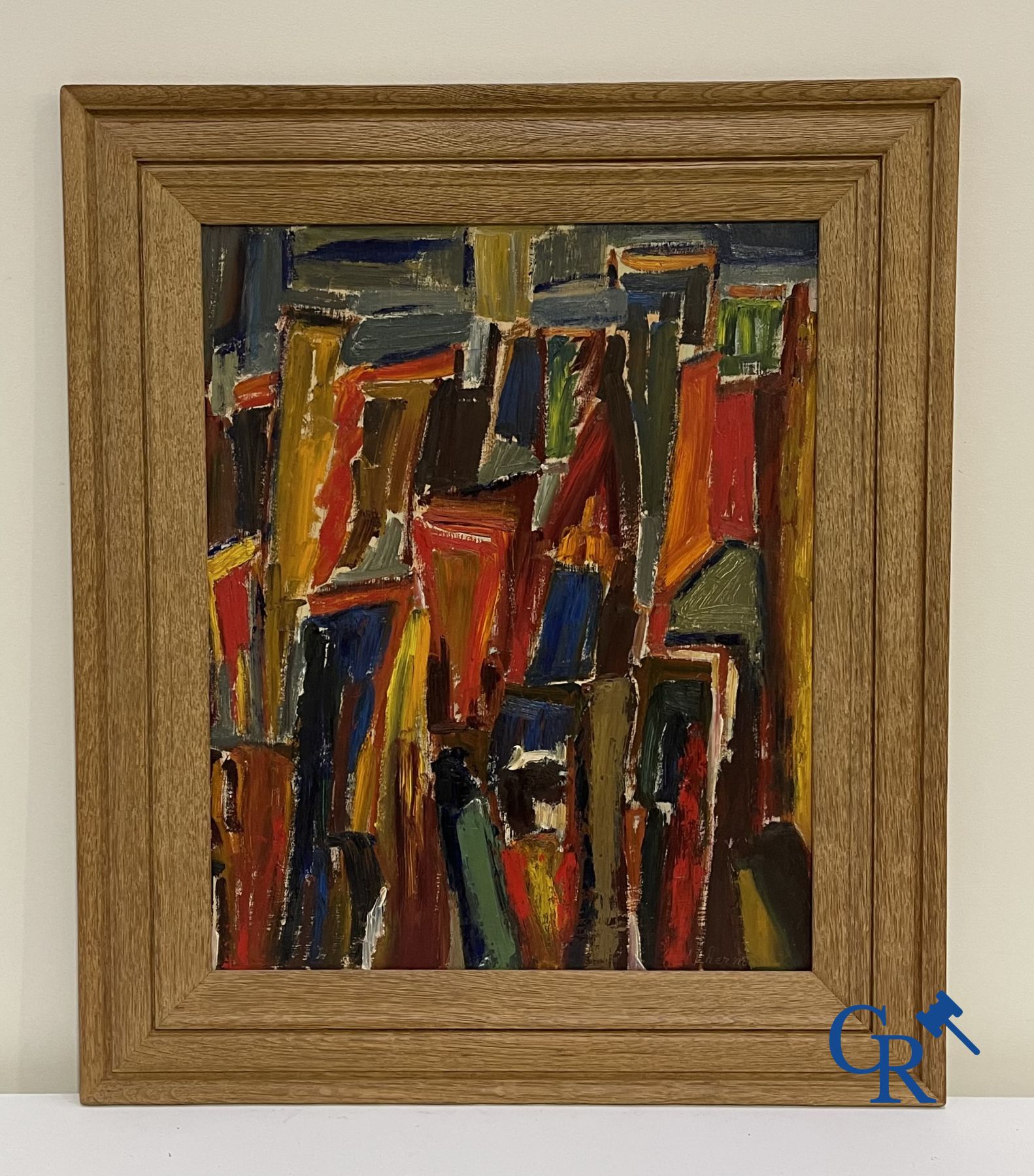 Schilderij. Abstract werk gesigneerd L Hermitte. Olie op hardboard.