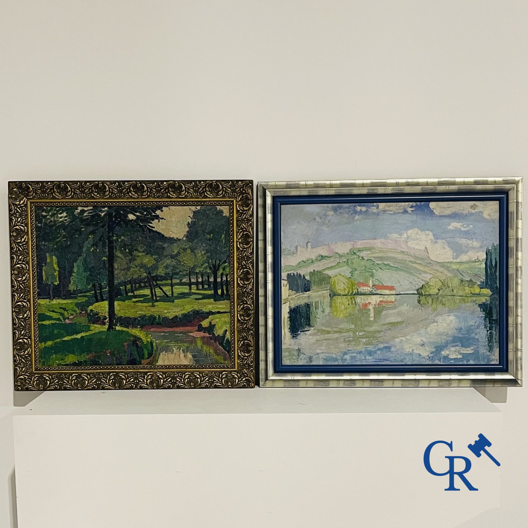 2 Schilderijen: Henri Roidot, boszicht en een zicht aan een meer. (niet gesigneerd)