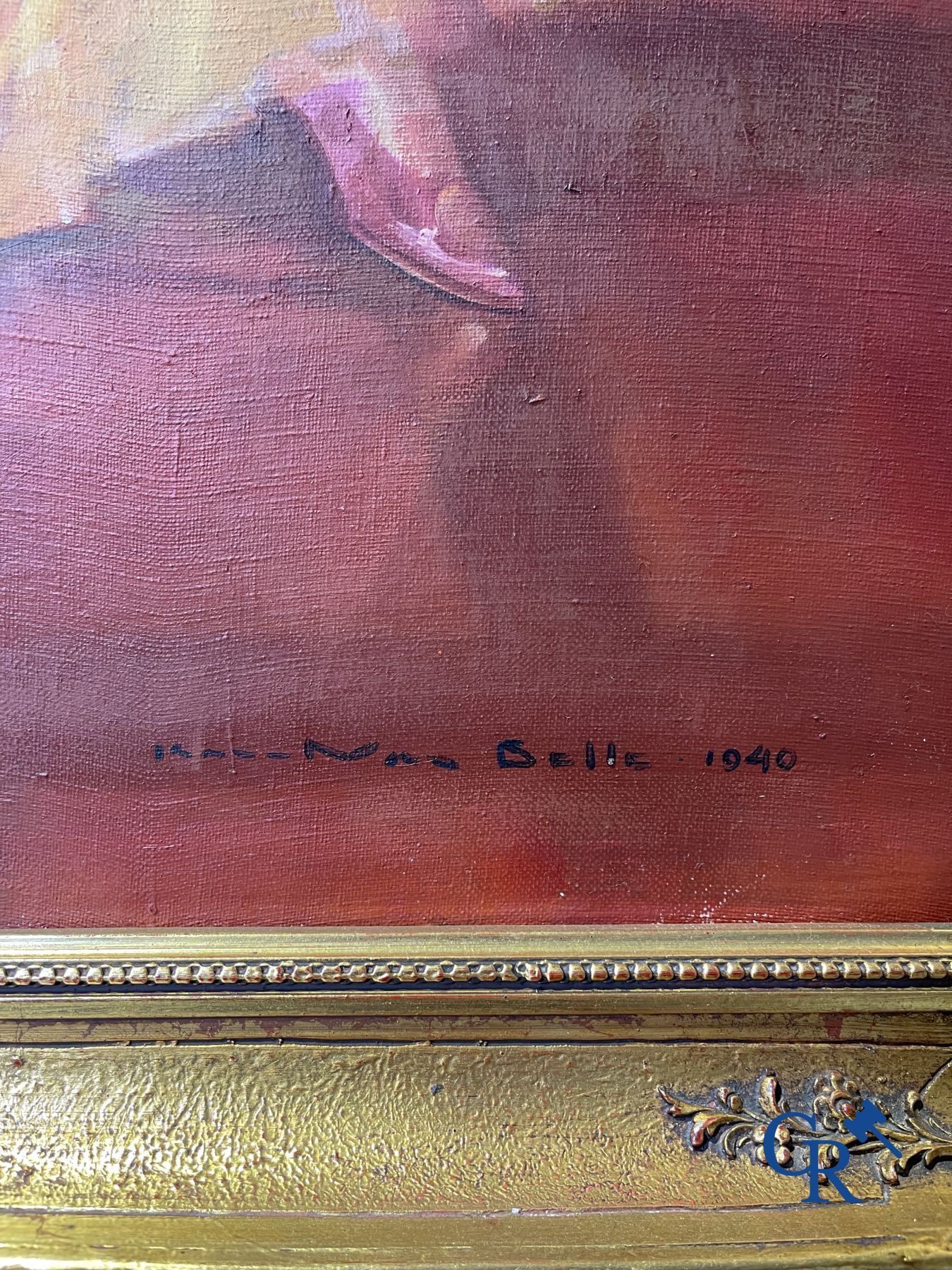 Karel Van Belle: Elegante dame met windhond. Olie op doek.