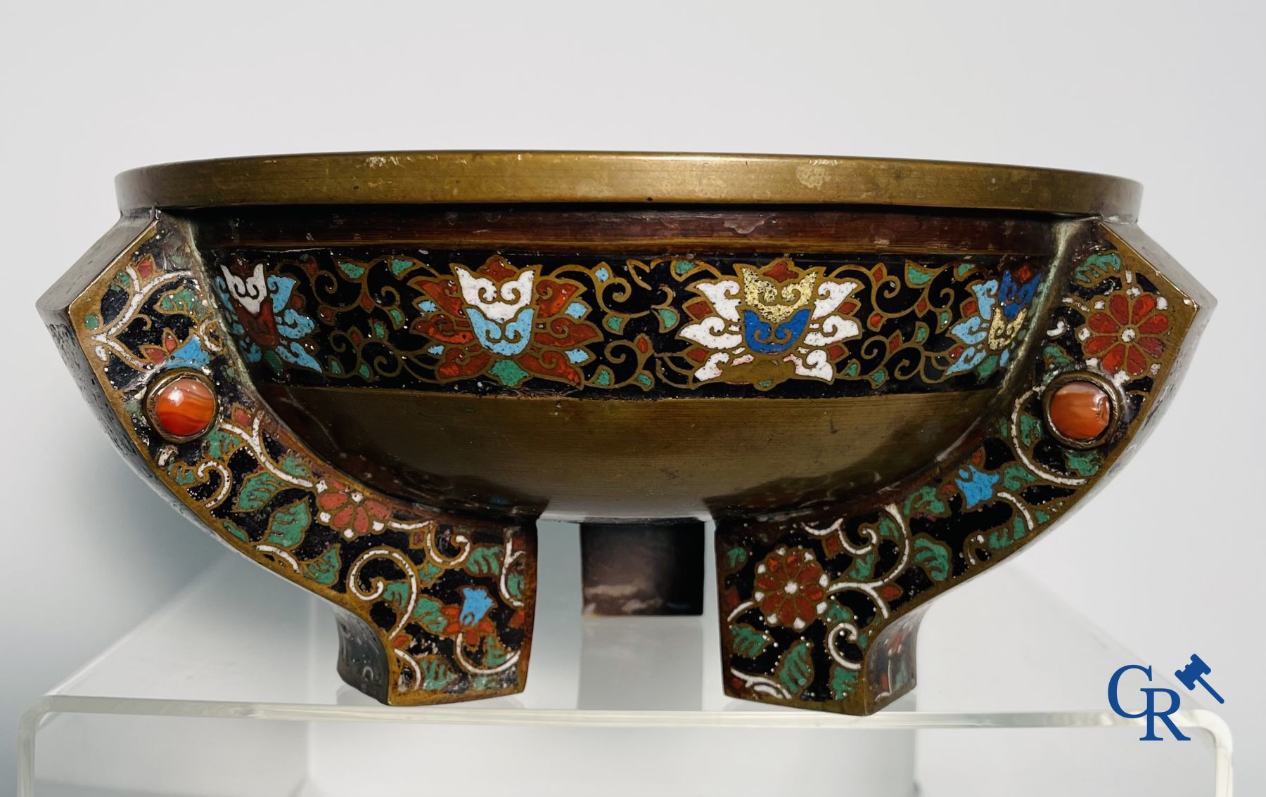 Asian Art: A three-legged bronze and cloisonne incense burner. Marked.