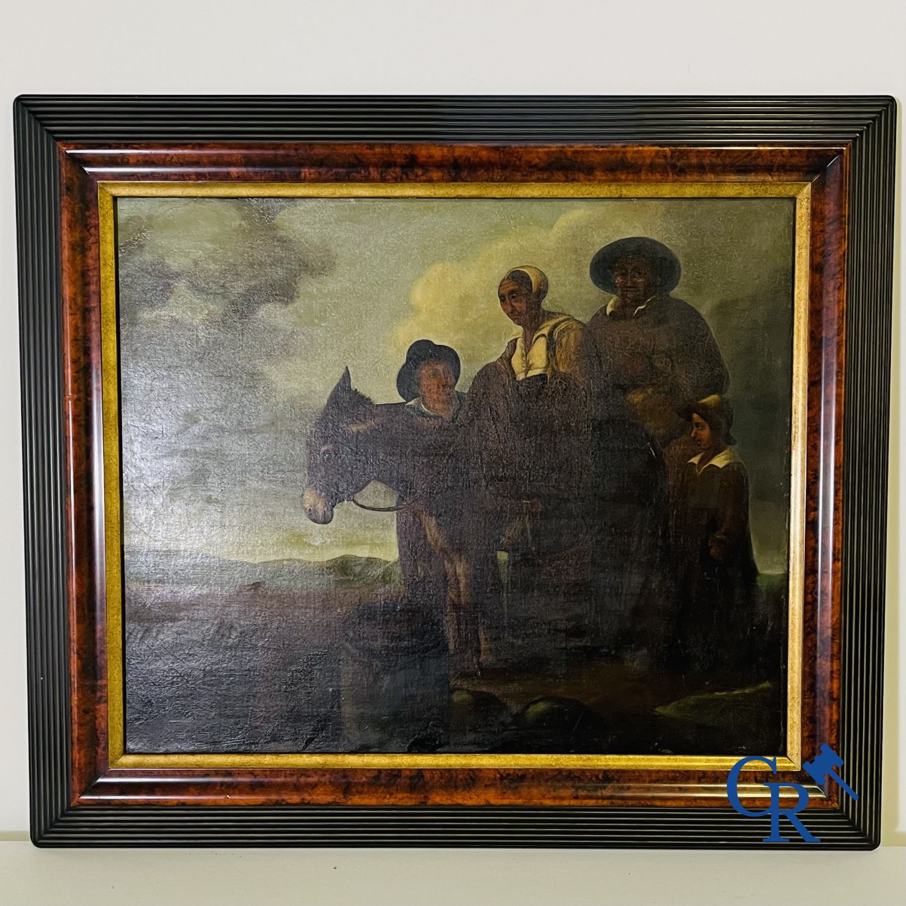 Schilderij: olie op doek 17de - 18 de eeuw. Muilezel met gezelschap.