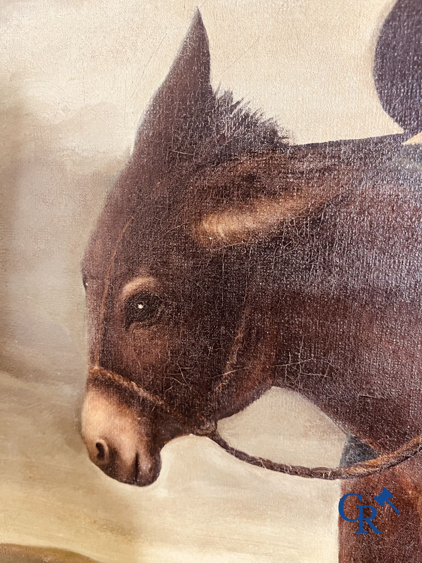 Schilderij: olie op doek 17de - 18 de eeuw. Muilezel met gezelschap.