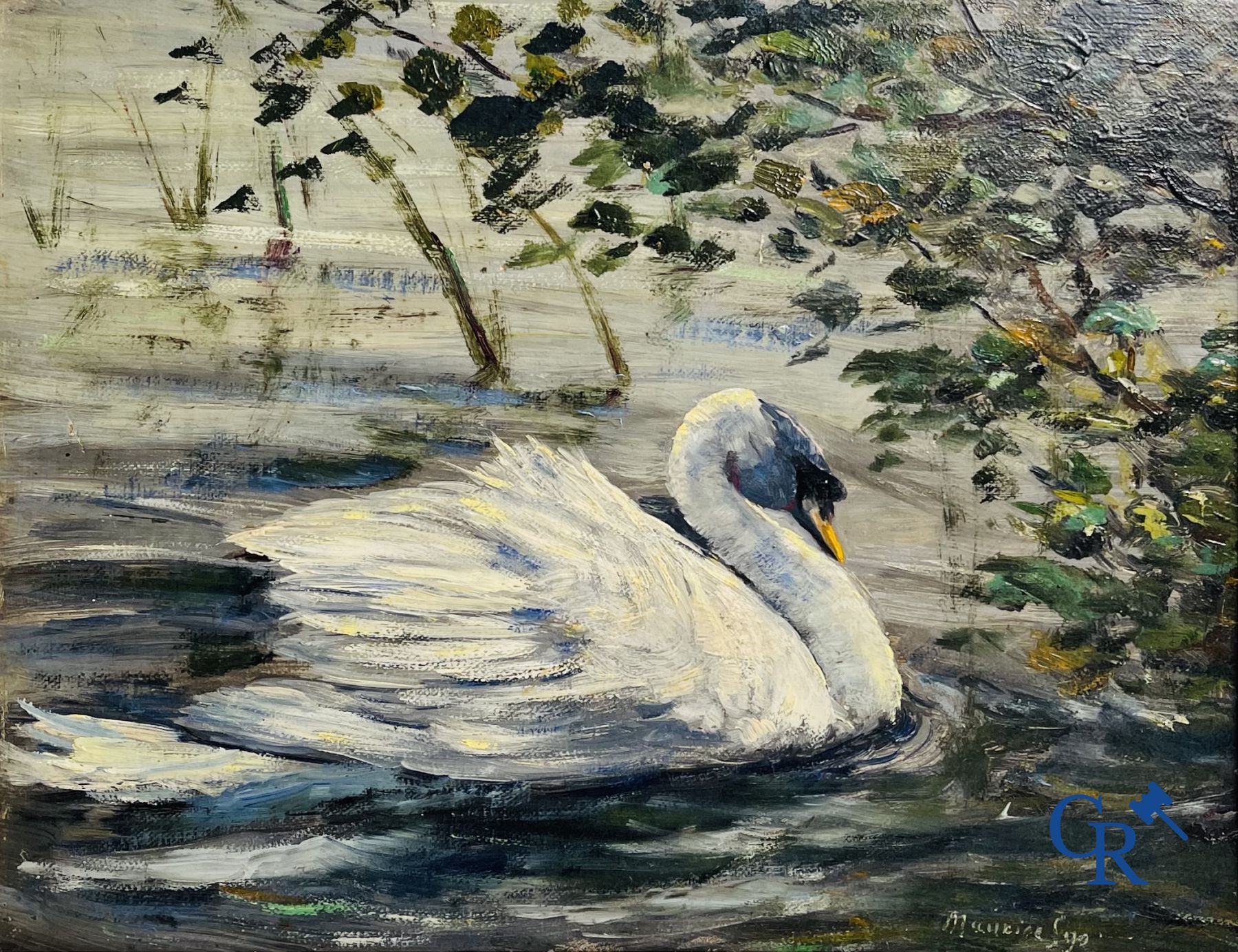 Schilderij: Maurice Sijs (*) (1880-1972). De witte zwaan. Olie op paneel.
