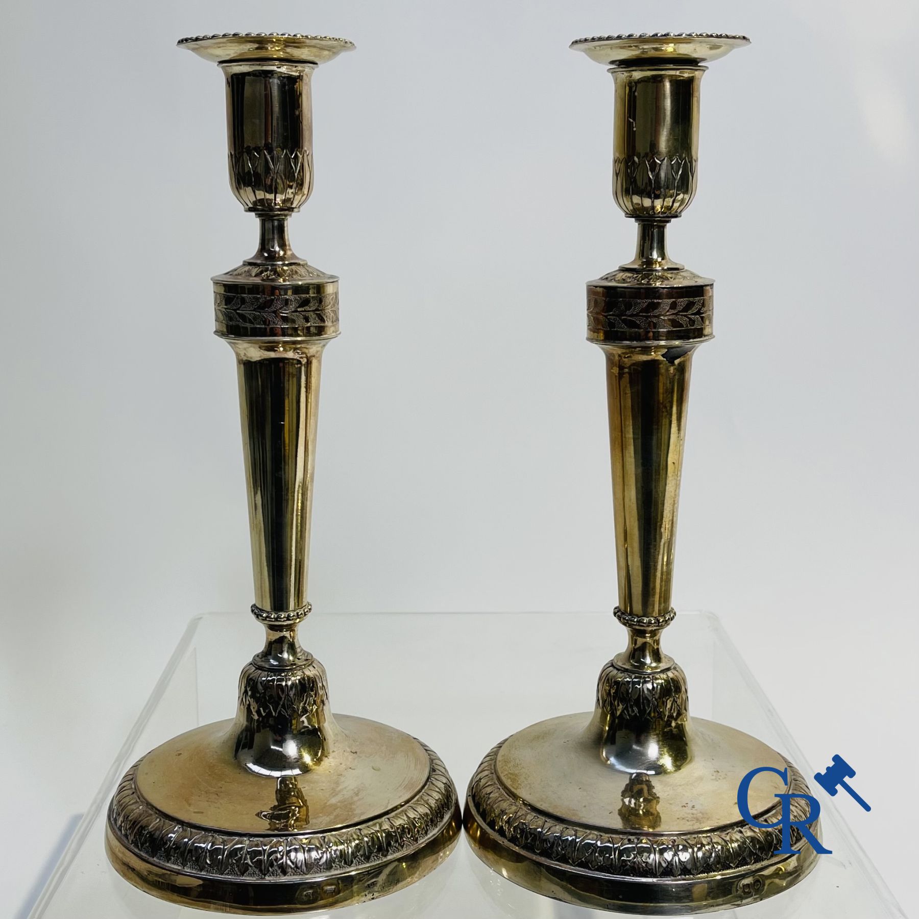 Silver: Pair of silver candlesticks probably Namur, Jean-Baptiste Fallon.